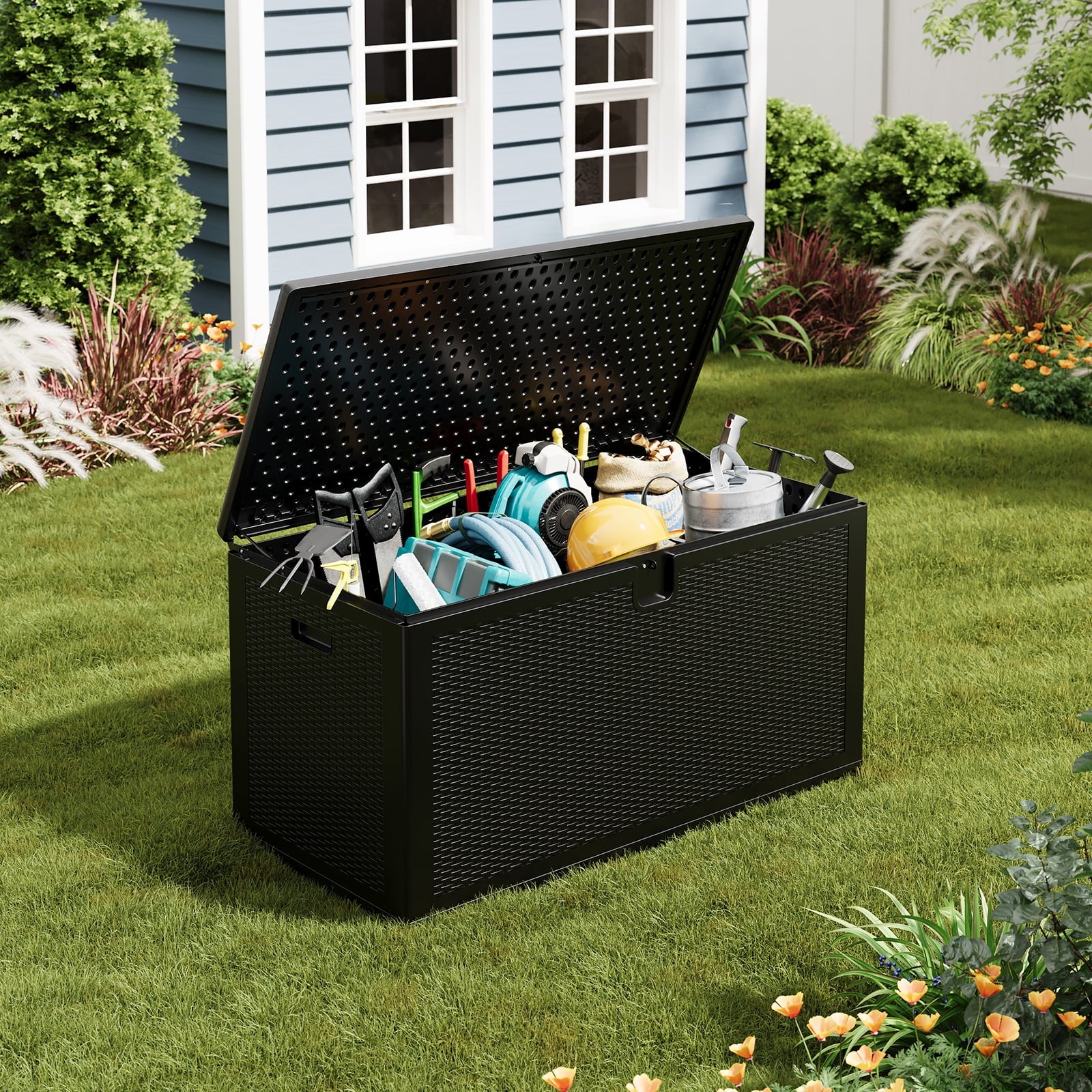 Ataujin 150 Gallon Outdoor Storage Box, Weather-Resistant Outdoor Storage Box with Lid, Large Resin Deck Box with Hydraulic Air Rod, Weatherproof & Lockable for Patio Cushions, Garden Tools