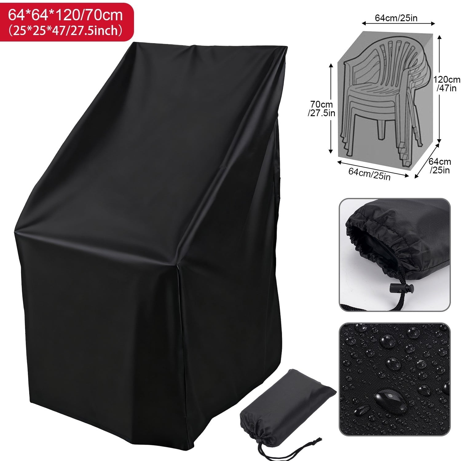Vorfor Stacking Patio Chair Cover Waterproof Outdoor, Lounge Furniture Chair Covers Stack Chairs for All Weather Protection, Black, 25"L x 25"W x 47”H