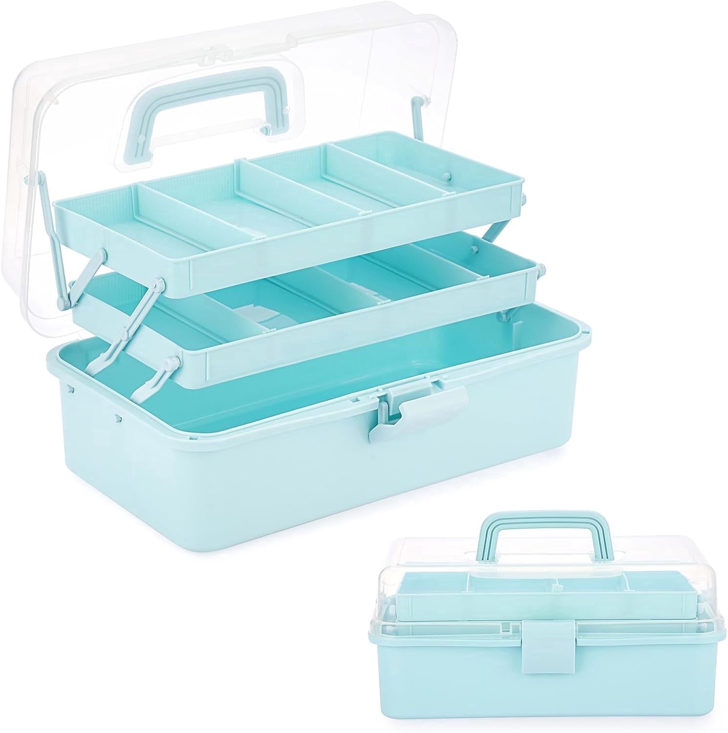 3-Layer Plastic Dividing Storage Box Craft Organizer and Storage with Adjustable Spacers Portable Handled Art Supply Organizer Multipurpose Home Utility Box for Medicine, Sewing(Blue)