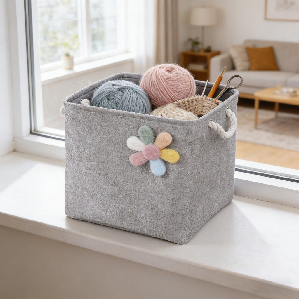 Foldable Fabric Storage Bin with Handles, Collapsible Storage Cube for Toys Clothing, Sturdy Canvas Organizer Basket for Nursery Closet Living Room, 13 Inch, Grey