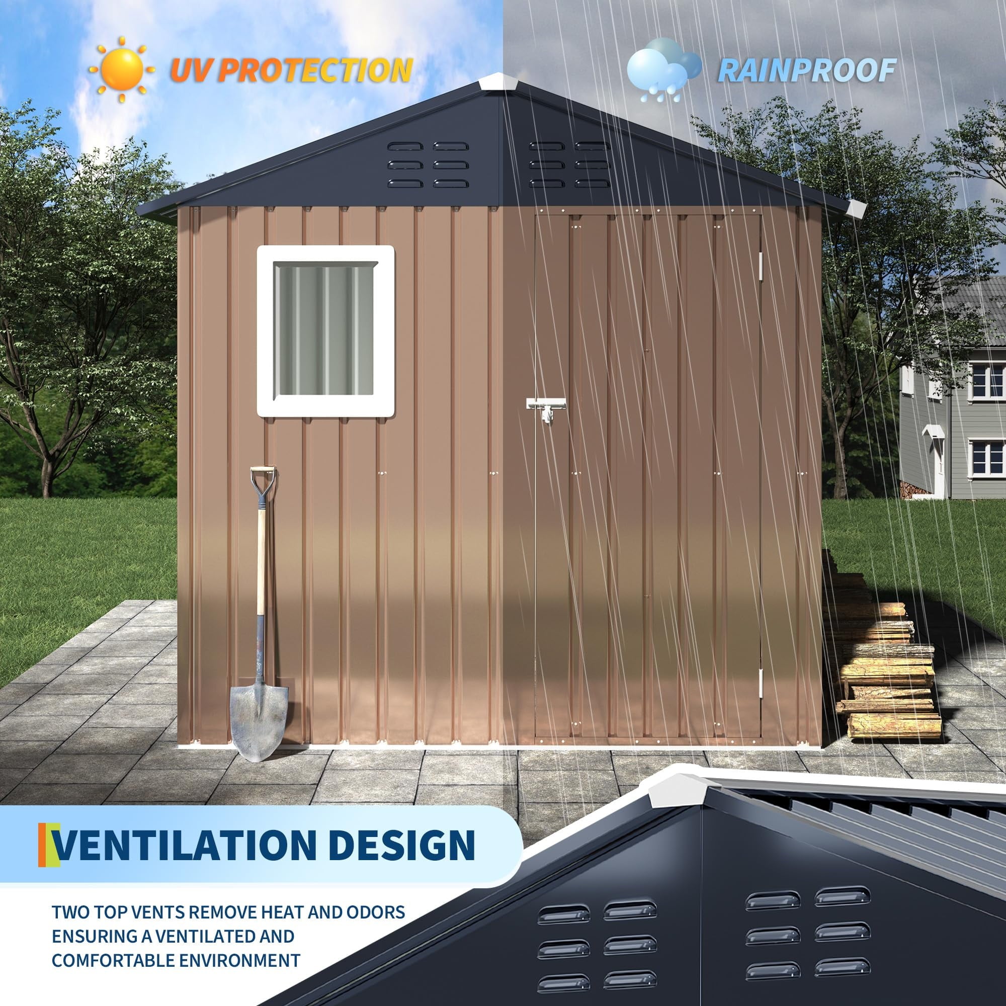 Ataujin 6x4 FT Outdoor Metal Storage Shed with Window, Outdoor Utility Shed with Lockable Door & Air Vent, Large Garden Tool Shed for Backyard, Patio, Lawn
