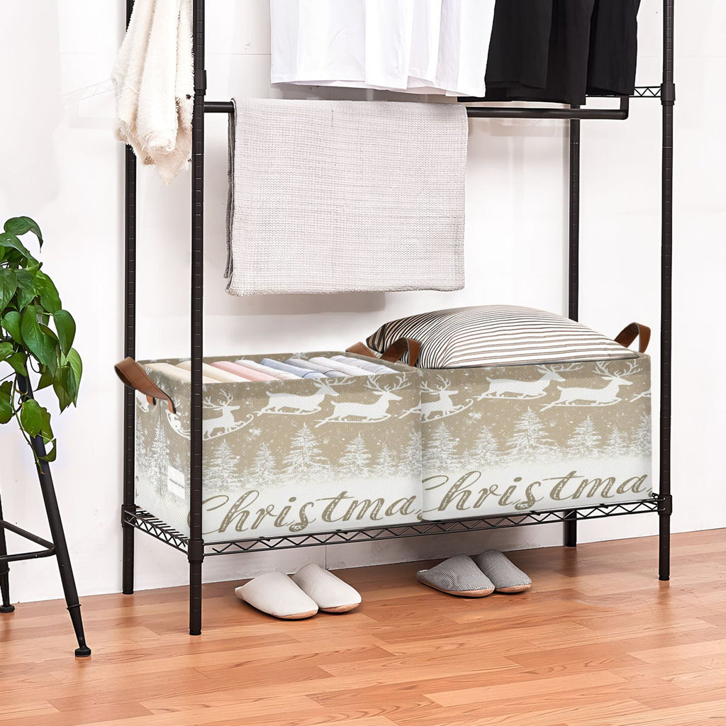 BZSMCE Collapsible Fabric Cube Storage Bins White Snowflakes Reindeer Print Design Pattern Storage Box