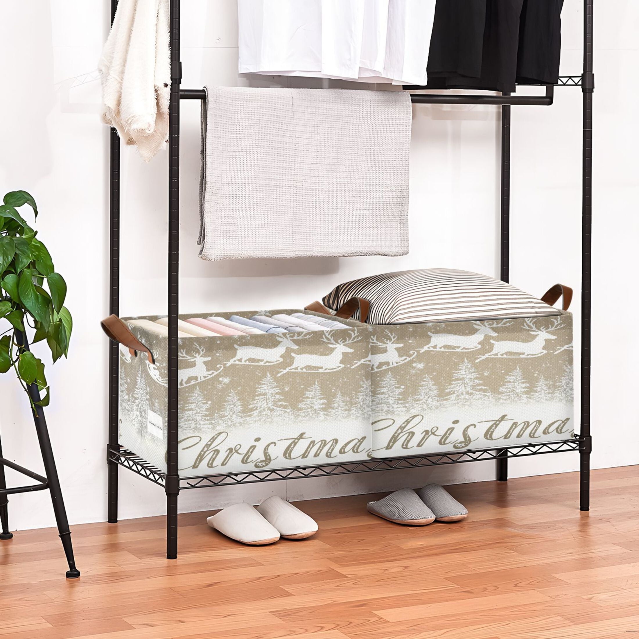 BZSMCE Collapsible Fabric Cube Storage Bins White Snowflakes Reindeer Print Design Pattern Storage Box