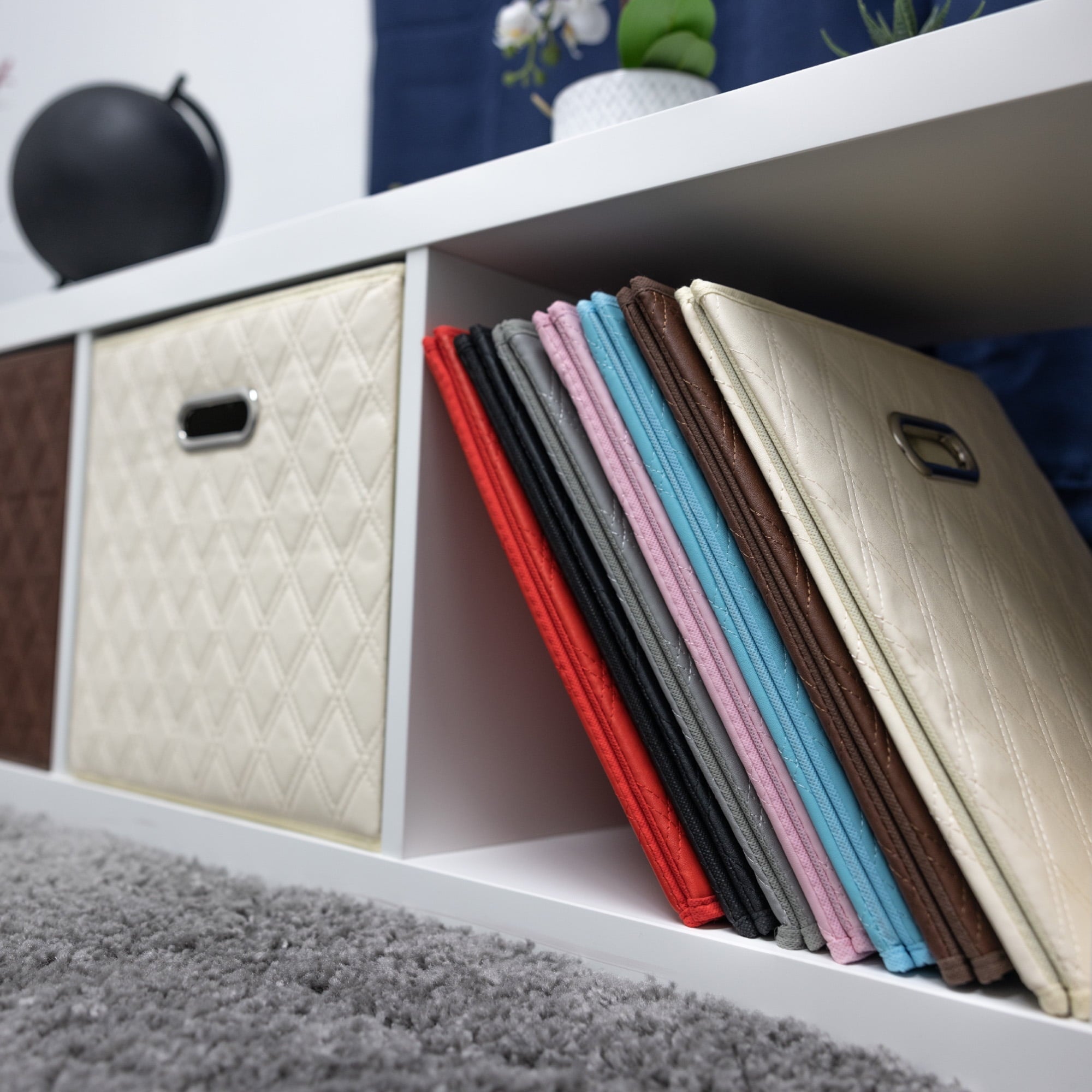 FH Group JIAessentials Set of 2 Collapsible Foldable Diamond Pattern Faux Leather Cube Storage Bins 11 inch w Dual Handles for Shelves, Organizers & More Small
