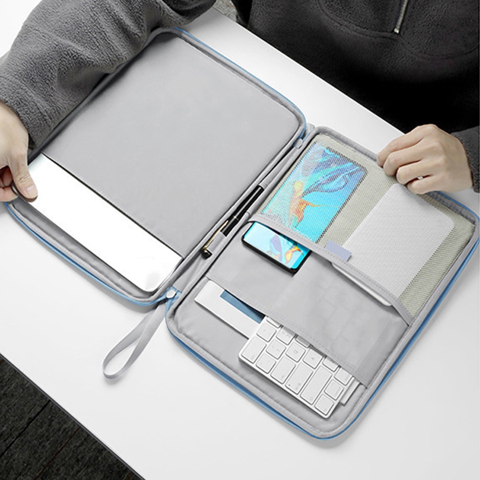 Water Resistant Laptop Sleeve Organizer for 12.9 Inch Tablets & 13 Inch Laptops, Multi Pocket Carrying Case with Shoulder Strap & Built-in Mouse Pad