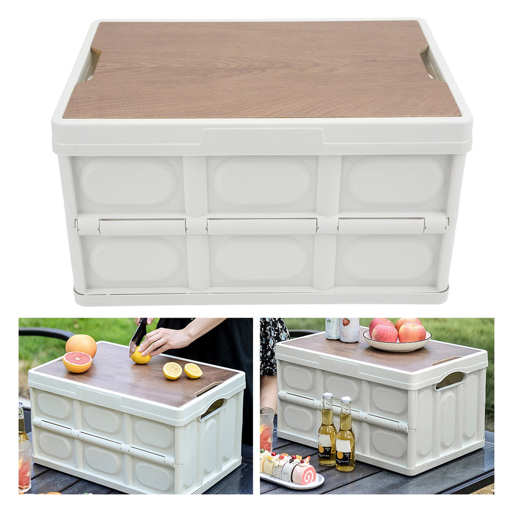 30L Outdoor Multifunctional Folding Storage Box Thicken Removable Portable Storage Box with Wooden Panel for Outdoor White