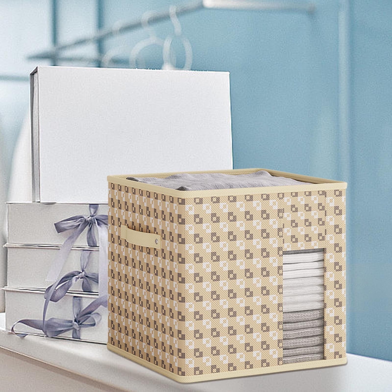 Beige Fabric Storage Box, Collapsible Organizer With Non-Woven Fabric And Cardboard Frame, 30X30X30Cm For Clothing, Toys, Books And Home Organization, 11.8X11.8X11.8In