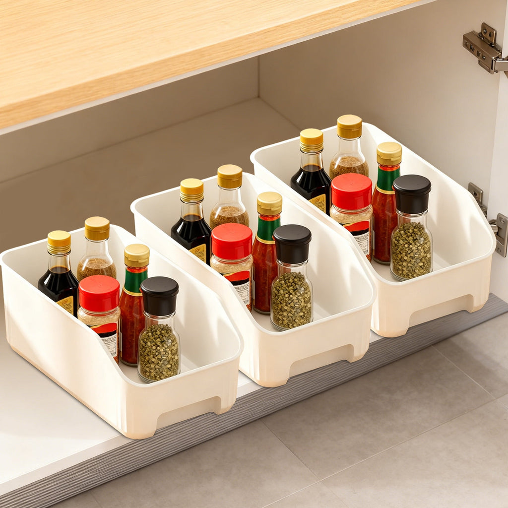 Narrow Plastic Storage Bins, 14.6x6.7x5.3 Inch Open Front Organizer Bins for Kitchen Cabinet, Pantry, Fridge, Bathroom - Collapsible Stackable White Bins, BPA-Free