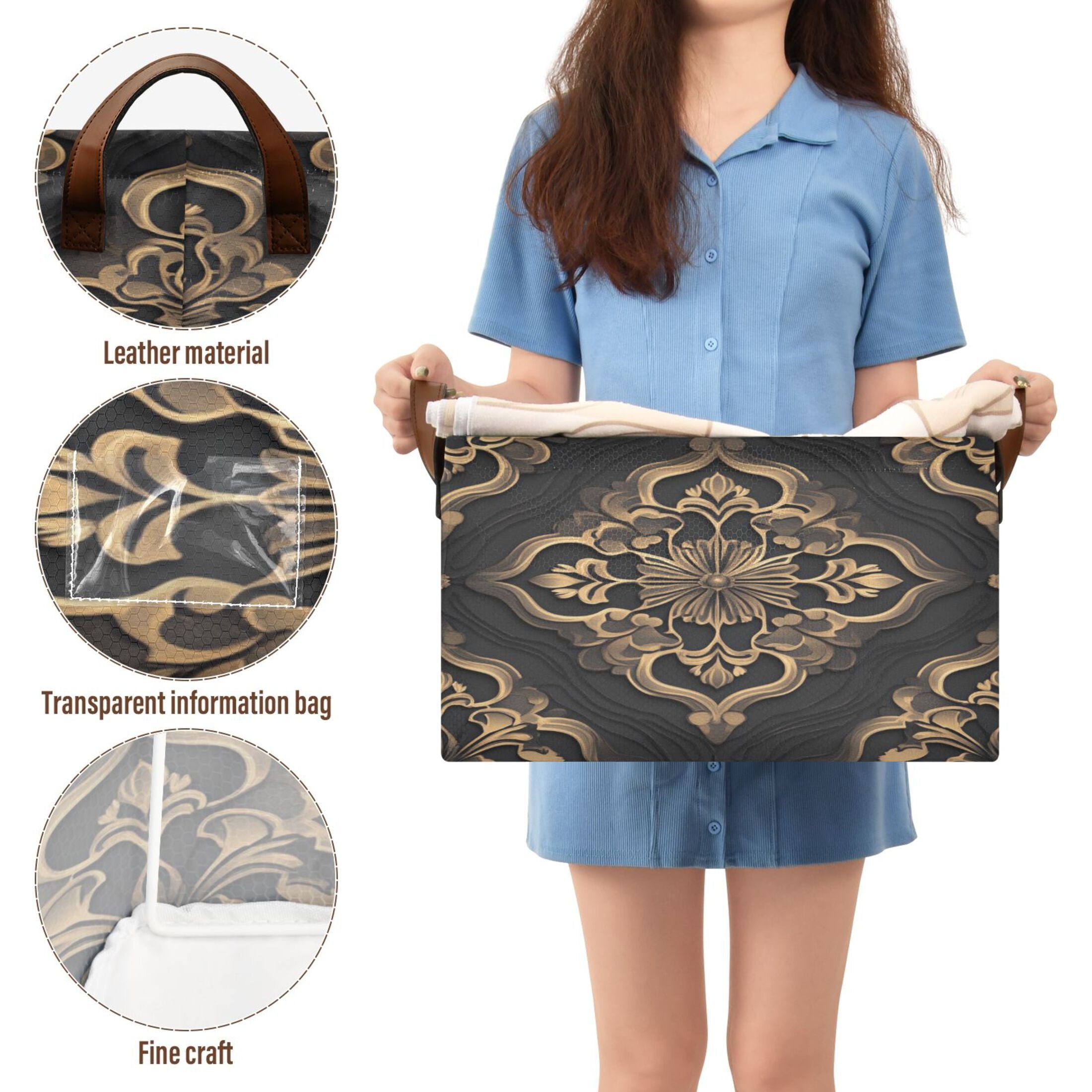 BZSMCE Collapsible Fabric Cube Storage Bins Bohemia Design Gold Flower Print Design Pattern Storage Box