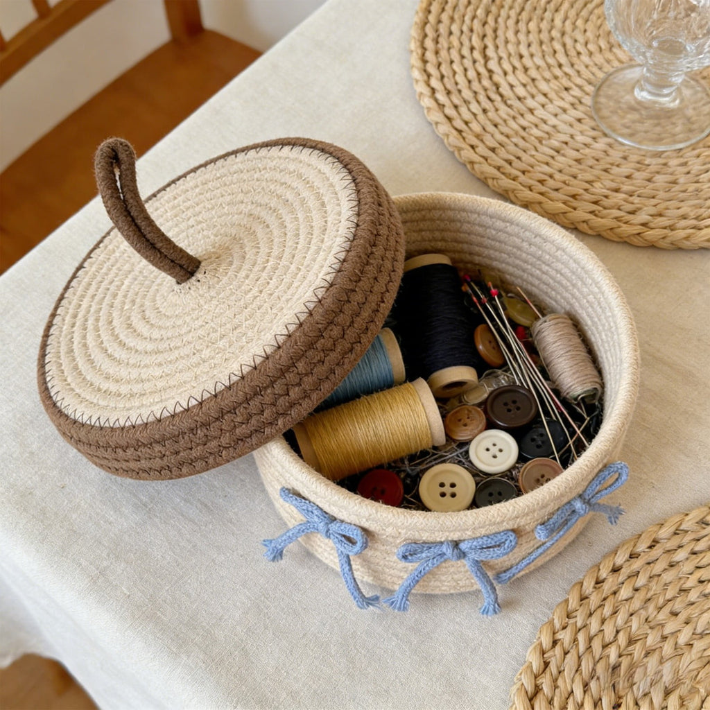 Cake Shaped Storage Basket with Lid, Cotton Rope Toy Organizer & Decorative Bin for Ki-ds Room, Small Items Storage, Khaki