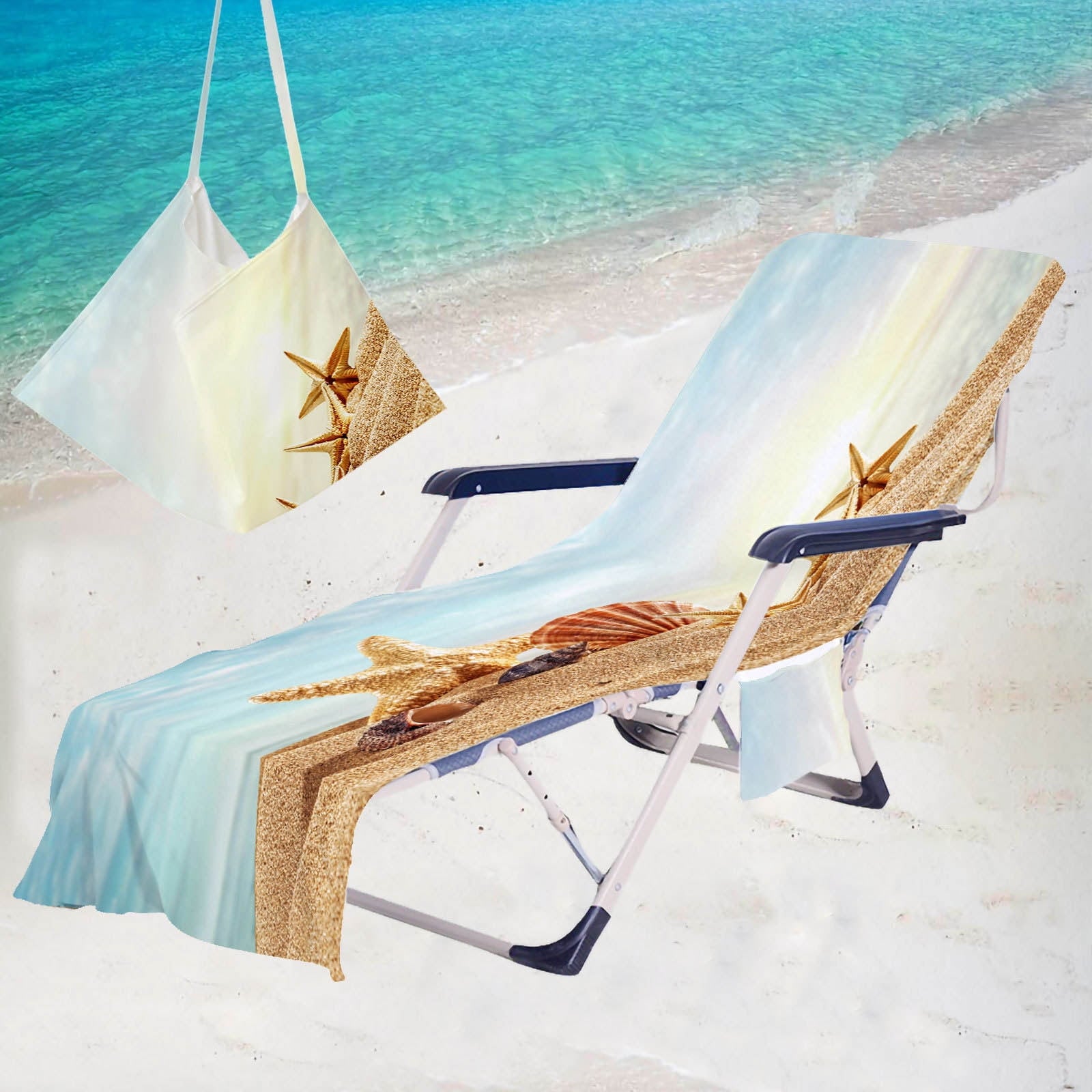 Microfiber Beach Chair Cover Towel Non-Slip Chaise Lounge Chair Cover with Side Pockets Folds into Carry Bag Quick Dry for Pool, Travel & Outdoor