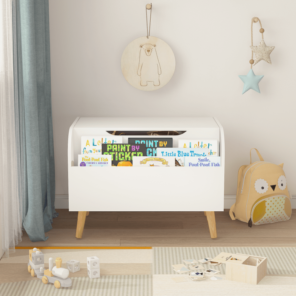 Large Wooden Toy Box with Front Bookshelf - Kids Toy Storage Organizer, Safety Hinge & Flip-Top Lid for Boys and Girls - Perfect Toy Chest Bench for Playroom Organization (White)