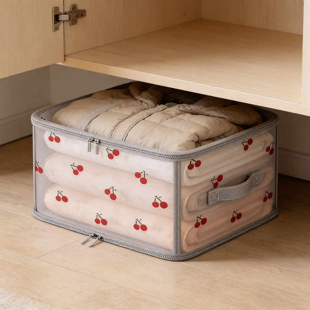 Foldable Storage Bins with Lids, Fabric Closet Organizer Box for Clothes Sweaters Blankets, Sturdy Hard Board, Dust Proof, Cherry Print, 12x11x6 Inches