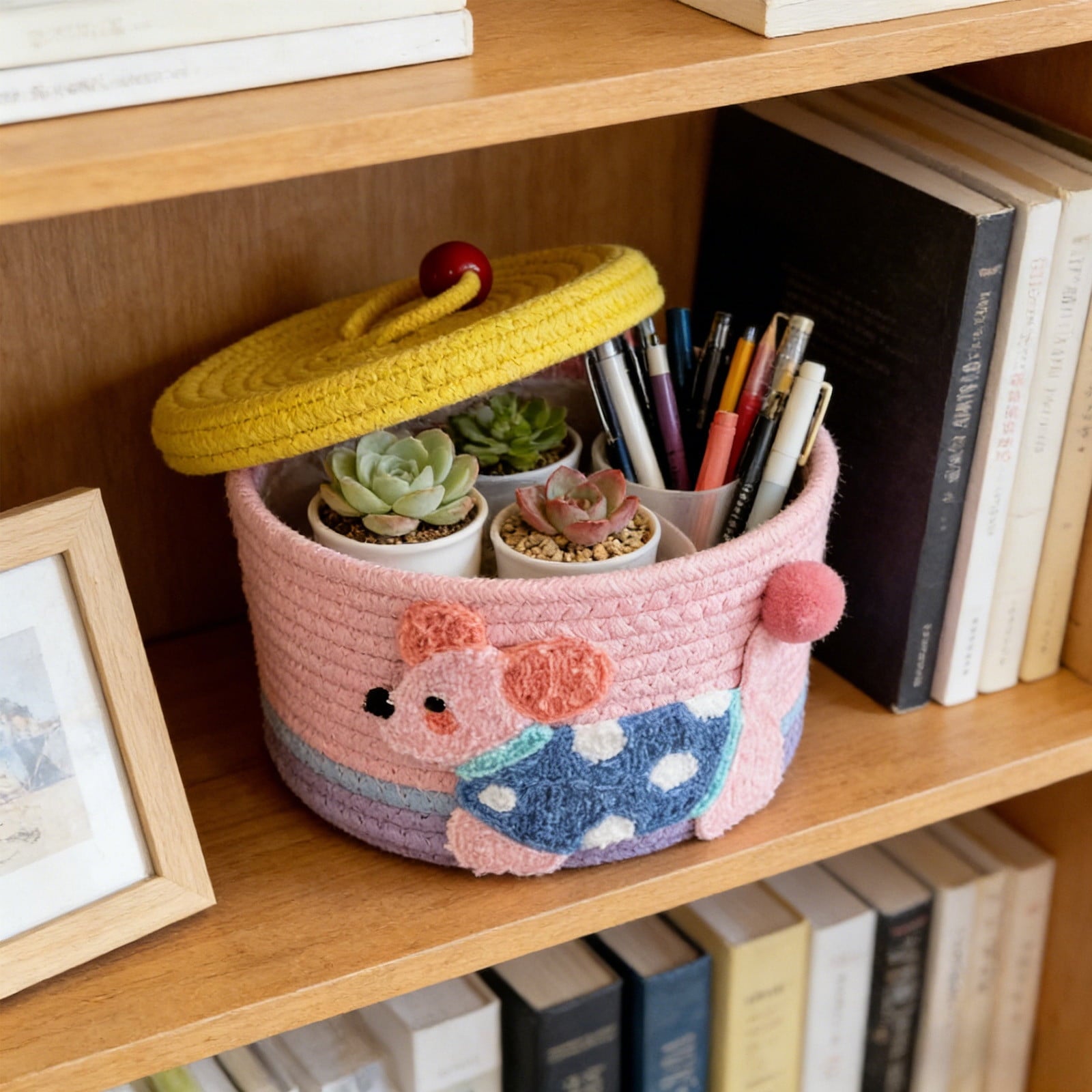 Medium Foldable Cotton Rope Basket with Handle, Pink Hand Woven Storage Bin for Toys, Clothes, Nursery, Closet Organization, Collapsible Home Decor Basket