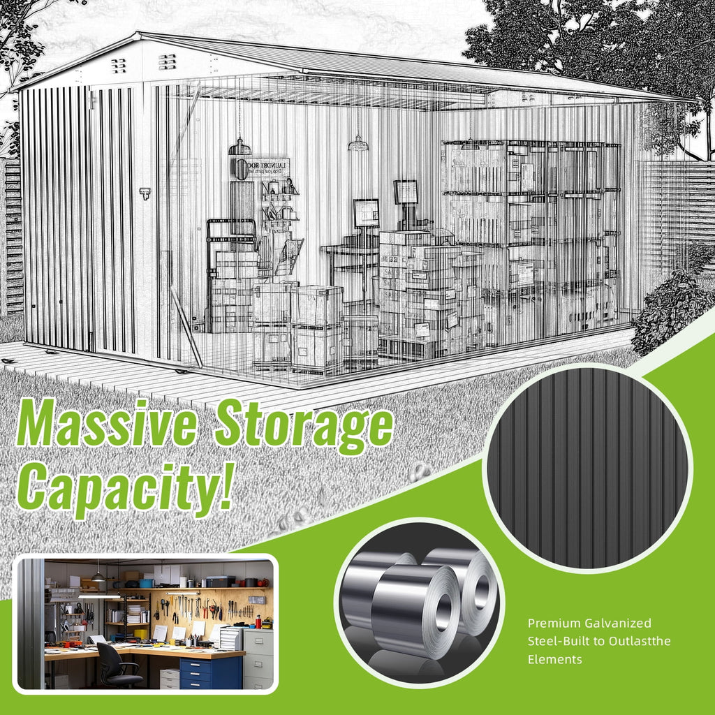 PABIMIA 10FT x 14FT Metal Outdoor Storage Shed with Lockable Doors, Black