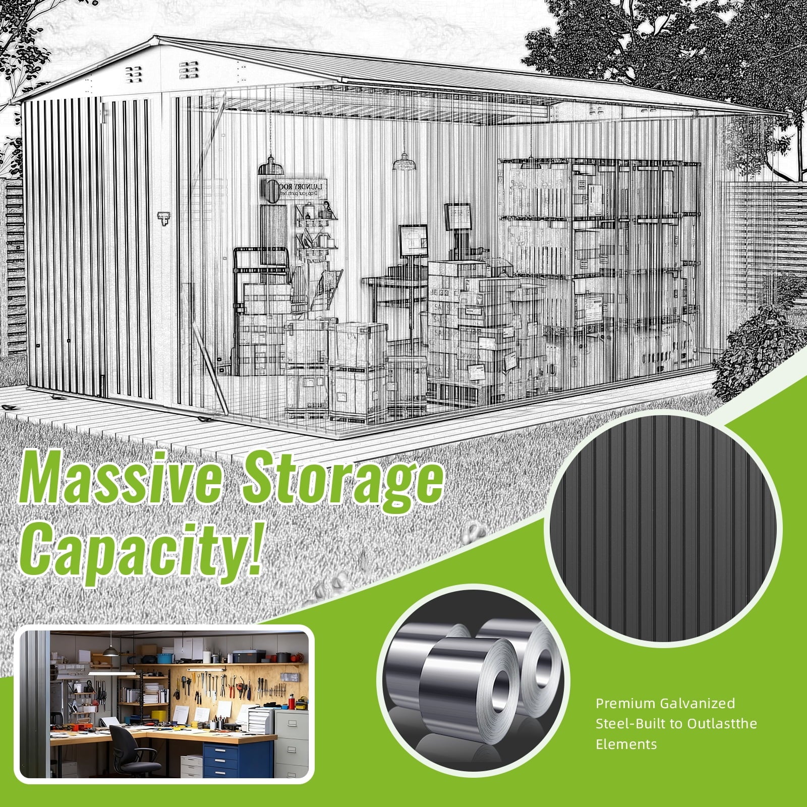 PABIMIA 10FT x 14FT Metal Outdoor Storage Shed with Lockable Doors, Black