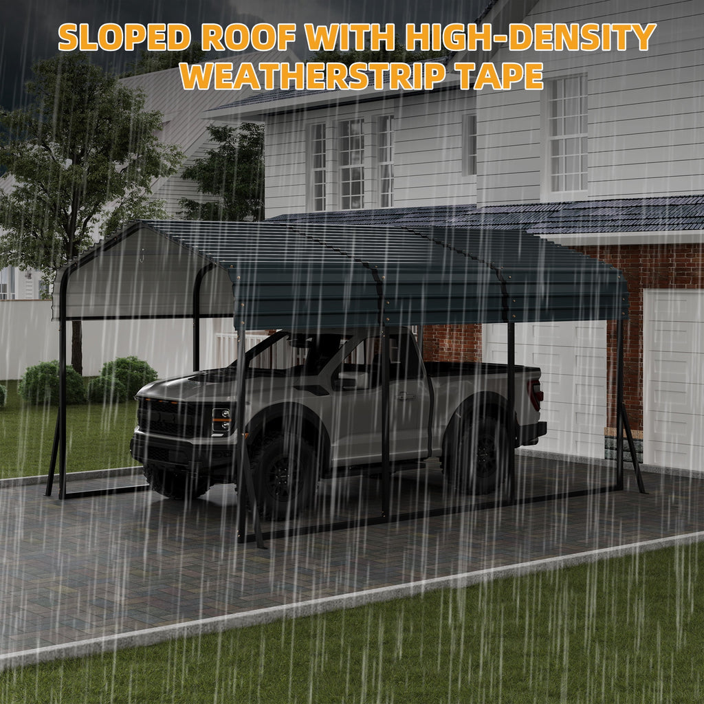 Ataucjin 10X15 FT Heavy Duty Metal Carport with Galvanized Steel Roof, Steel Carport Kits Outdoor with Metal Roof, Galvanized Car Shelter for Tractors, Pickup, Boat, Car(ship in 3 boxes)