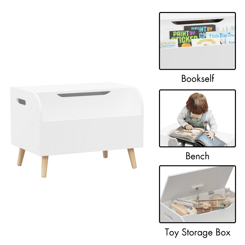 Large Wooden Toy Box with Front Bookshelf - Kids Toy Storage Organizer, Safety Hinge & Flip-Top Lid for Boys and Girls - Perfect Toy Chest Bench for Playroom Organization (White)