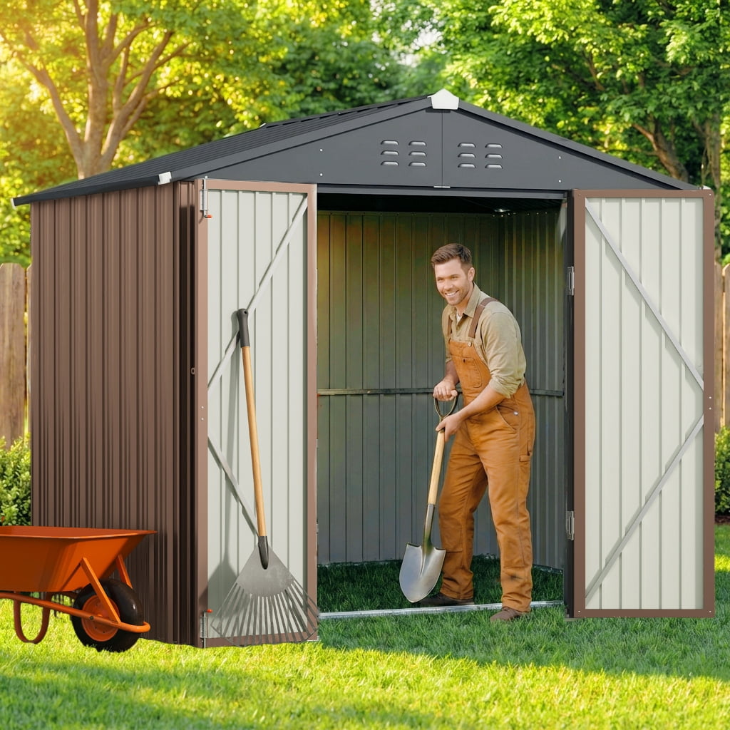 Lockable Lofka 8x6 FT Shed and Outdoor Storage Clearance - All-Weather Resistant Metal Shed, Brown