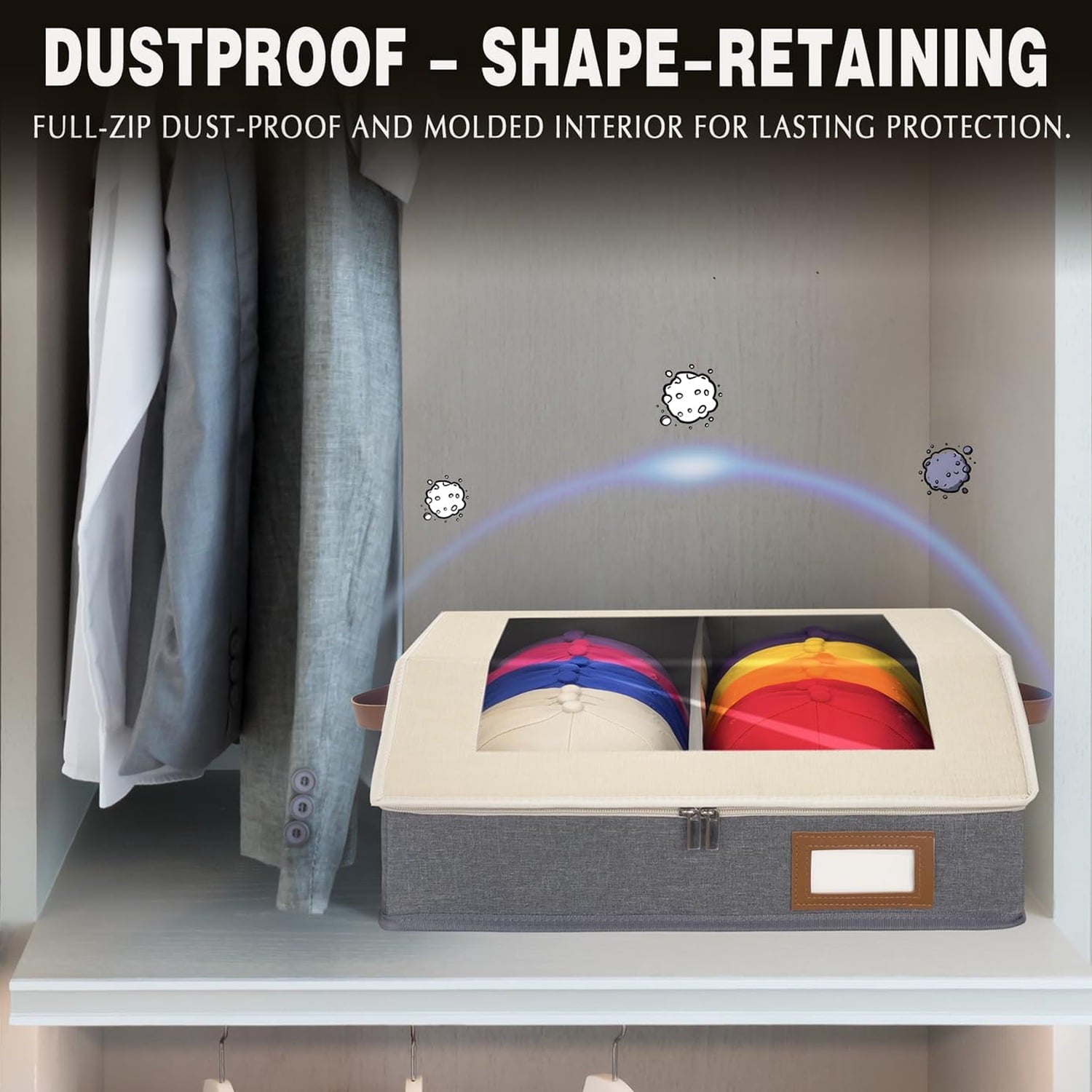 2-in-1 Hat Organizer for Baseball Caps Holds 24-30 Caps Hat Storage with Adjustable Divider Stackable Hats Holder for Closet with Clear lid Cowboy Hat Box for Men Women 1 PCS Beige and Grey
