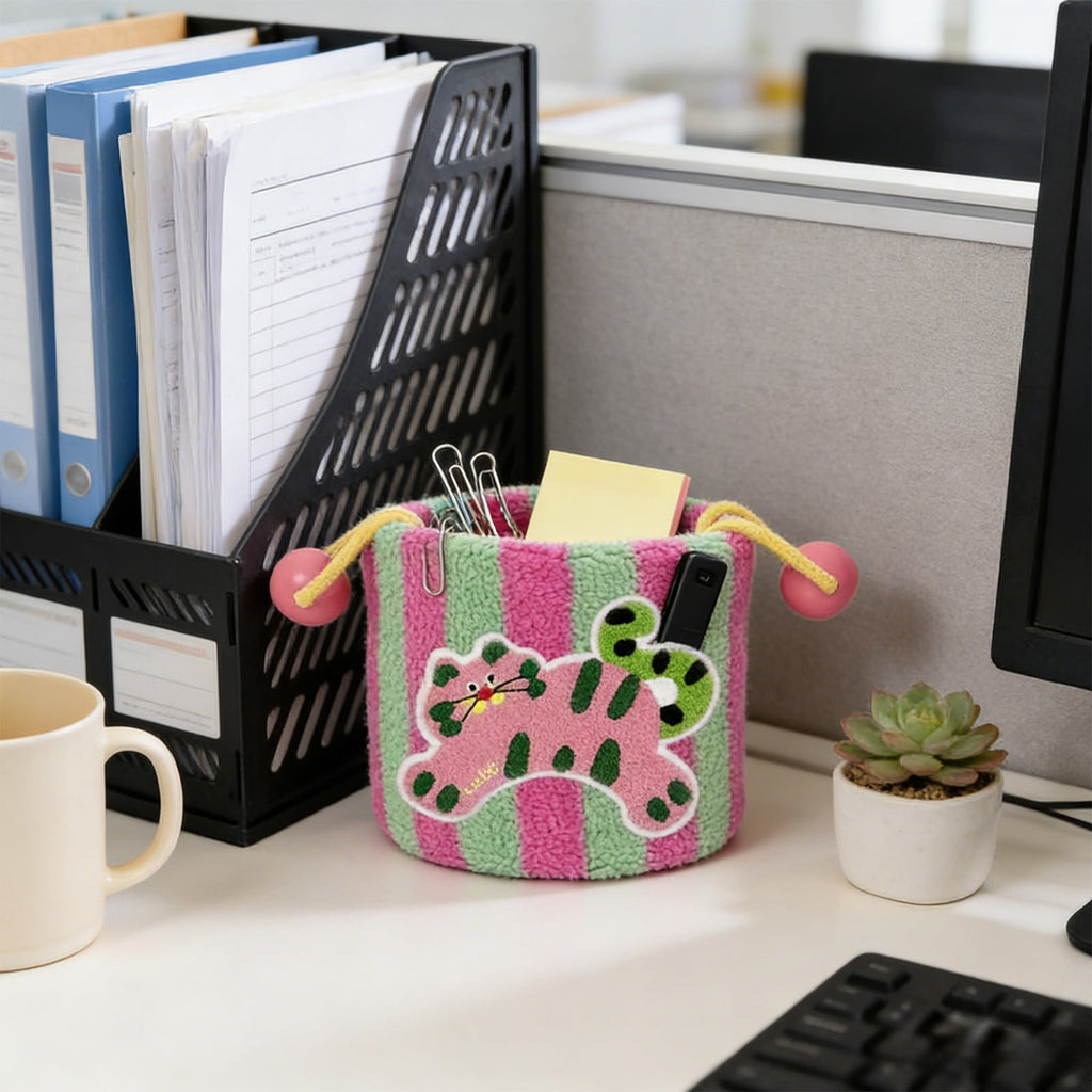 Cute Pink and Green Fabric Storage Basket, 8-Inch Cube Decorative Bin with Handles for Toys, Snacks, Desktop & Entryway Organization