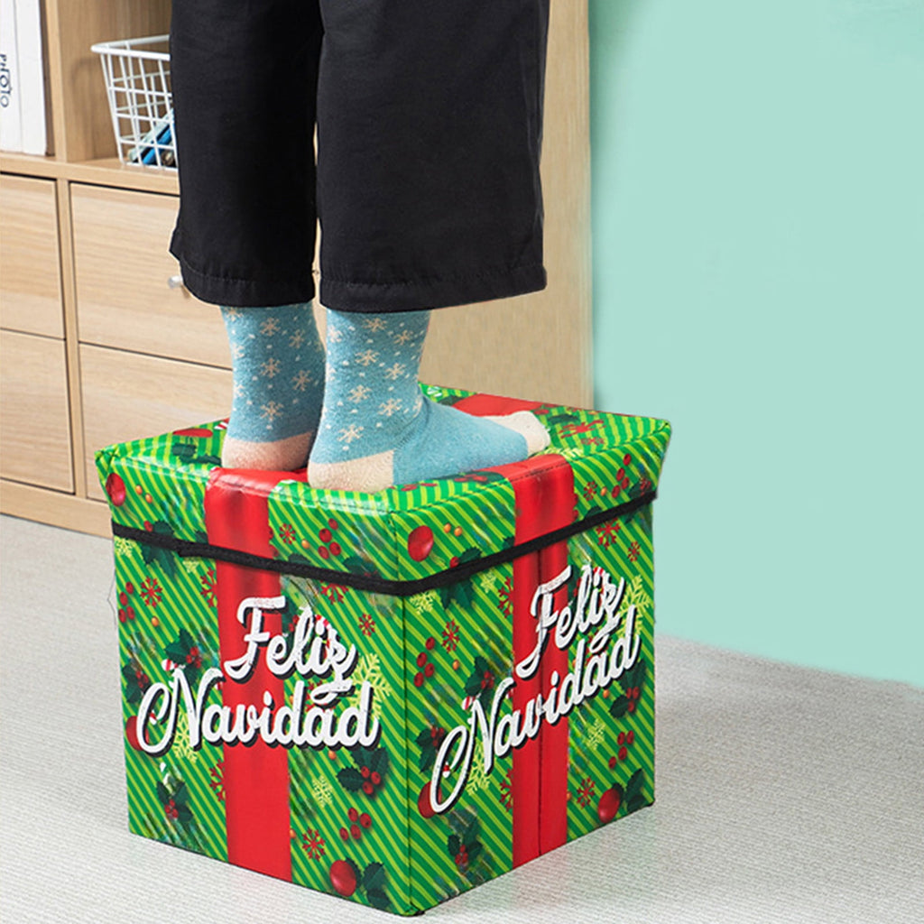 Christmas Storage Stool - Foldable Non-Woven Multi-Purpose Seat, Ki-ds Toy & Holiday Decor Storage Box, Space-Saving Easy-to-Clean Christmas Gift for Home Under Tree