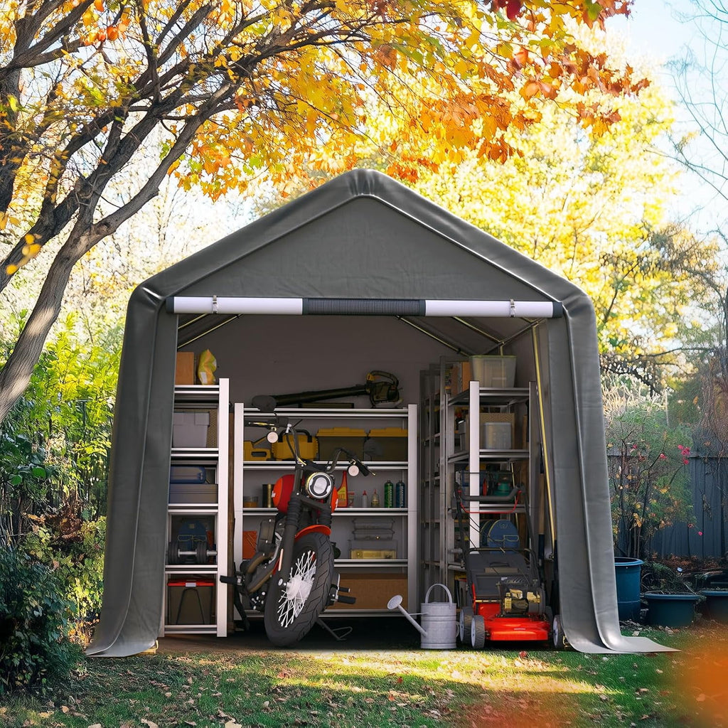 Quictent 8x14FT Carport Shelter with Roll-Up Mesh Windows & Reinforced Frame, Portable Garage Canopy for Motorcycle Storage, Outdoor Equipment, Patio Furniture Cover - Dark Gray