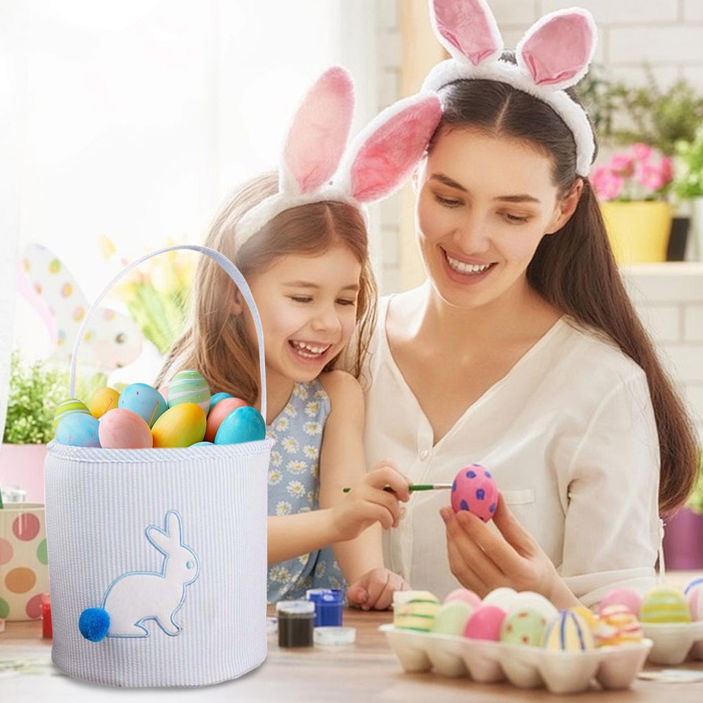Foldable Easter Basket Bag, Rabbit Shaped Storage Tote with Handles for Ki-ds Egg Hunt, Blue Bunny Decor & Spring Gift Basket, Collapsible Fabric Bin