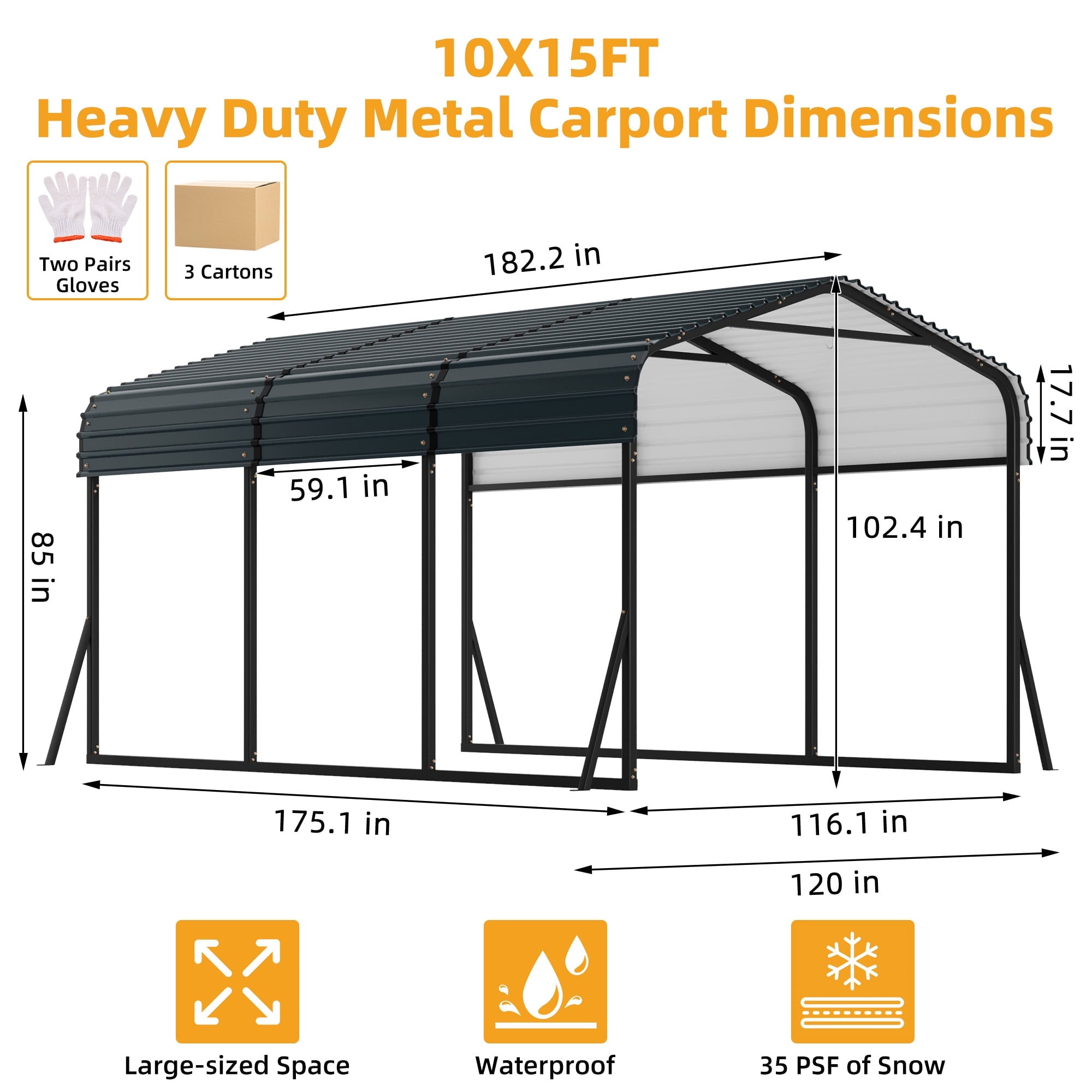 Ataucjin 10X15 FT Heavy Duty Metal Carport with Galvanized Steel Roof, Steel Carport Kits Outdoor with Metal Roof, Galvanized Car Shelter for Tractors, Pickup, Boat, Car(ship in 3 boxes)