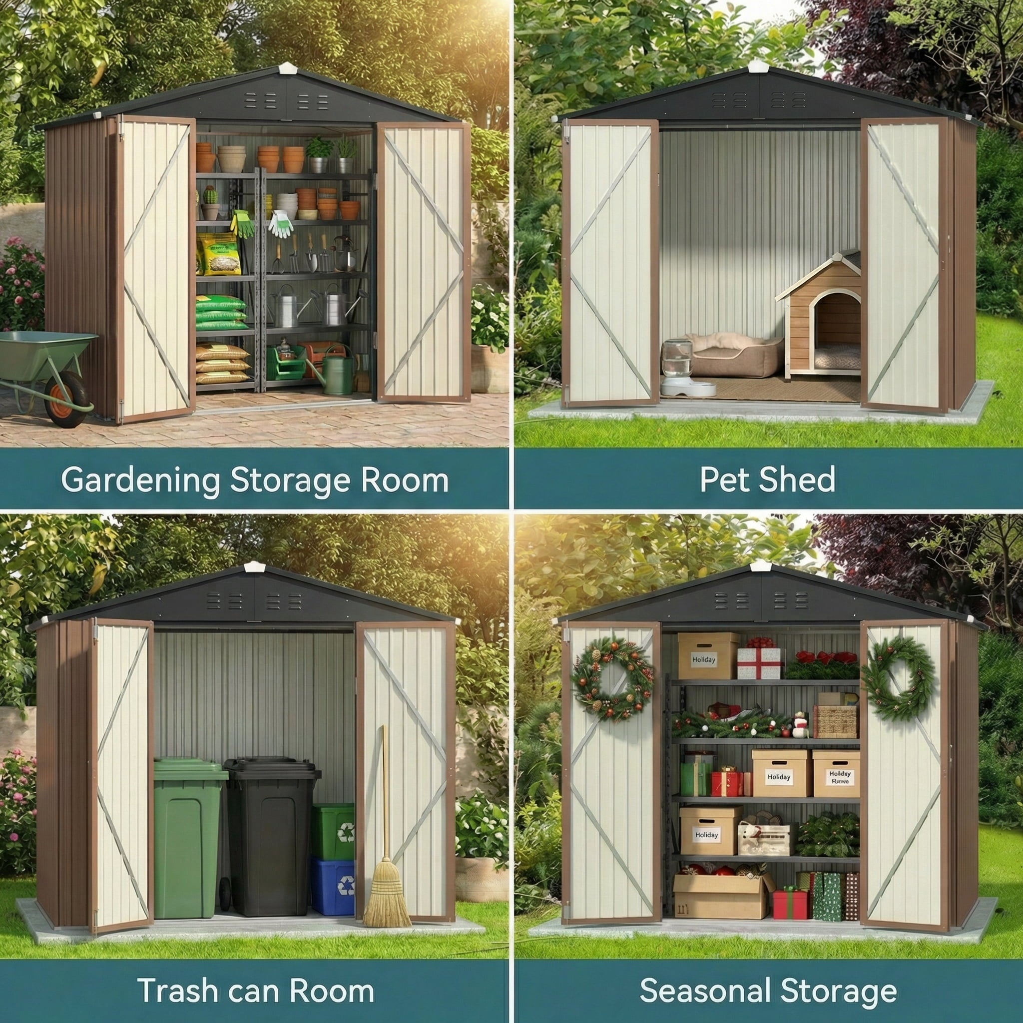 Lockable Lofka 8x6 FT Shed and Outdoor Storage Clearance - All-Weather Resistant Metal Shed, Brown