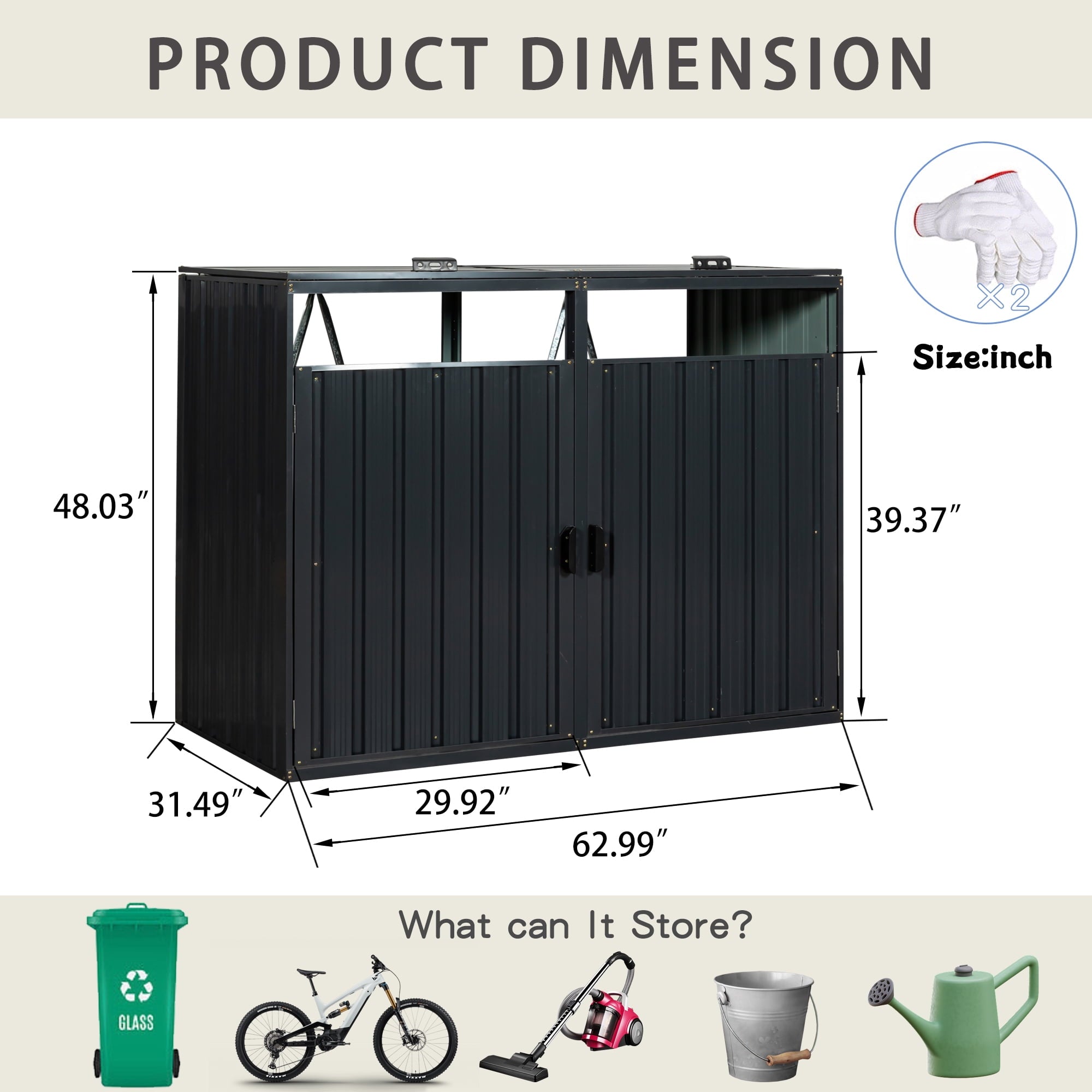 JXXRZ Metal Garbage Bin Shed for 2 Trash Cans with Lockable Doors and Lids,Galvanized Steel Garbage Bin Storage Shed for Garden Yard Lawn, Black