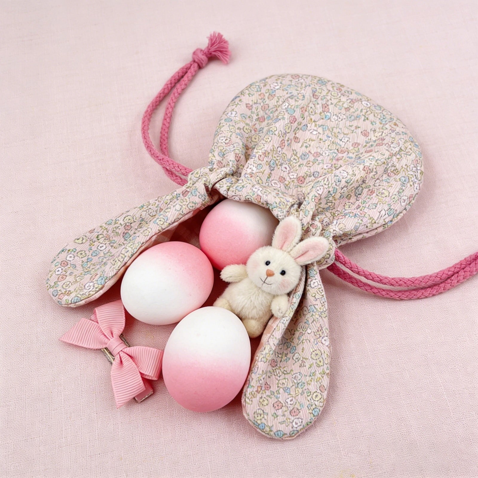 Bunny Ear Drawstring Bag, Floral Small Gift Pouch for Easter Jewelry Storage, Portable Pastel Travel Organization for Women & Gi-rls