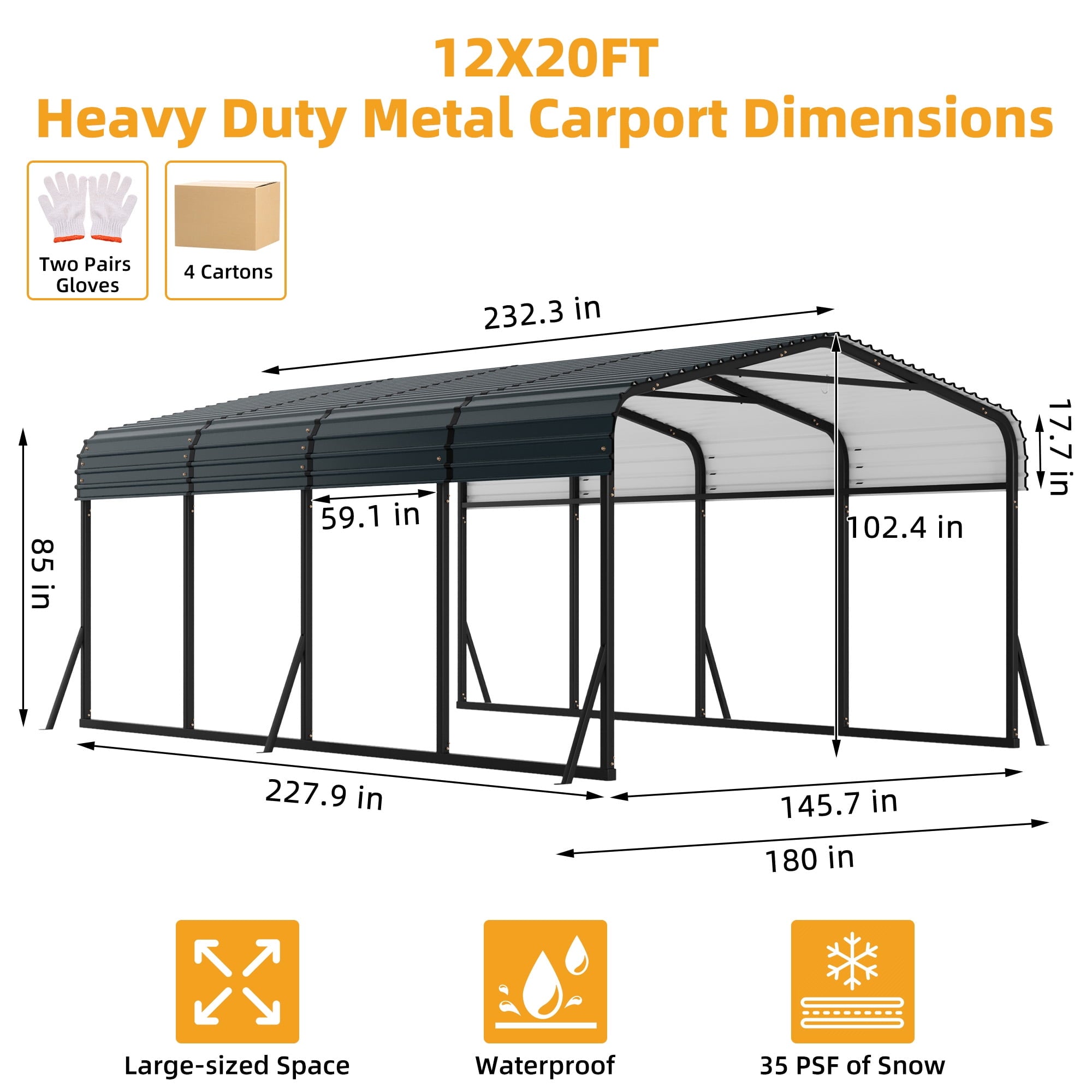 Ataucjin 12' x 20' Heavy Duty Metal Carport with Galvanized Steel Roof, Metal Roof Carport with Enhanced Base, Tall Metal Carport Kits Garage for Tractors, Pickup, Boat, Car(ship in 4 boxes)