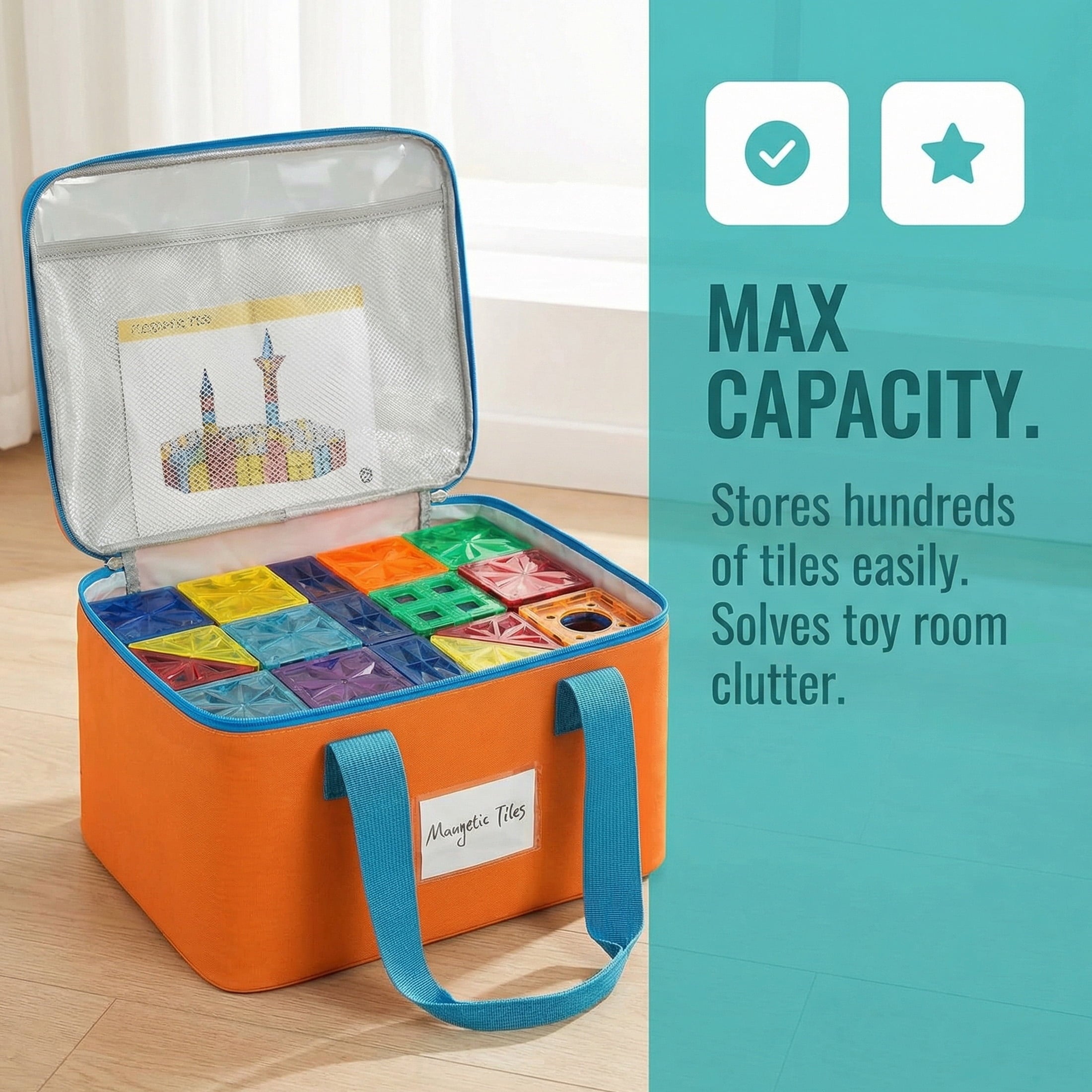 HBK Magnetic Tile Storage Bags, 4 Pack Toy Organizer Totes for Building Blocks and Puzzles, Portable Travel Cases with Handles and Label Pockets