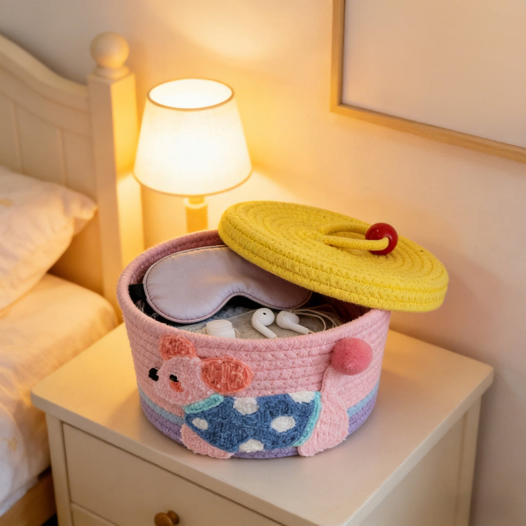 Medium Foldable Cotton Rope Basket with Handle, Pink Hand Woven Storage Bin for Toys, Clothes, Nursery, Closet Organization, Collapsible Home Decor Basket