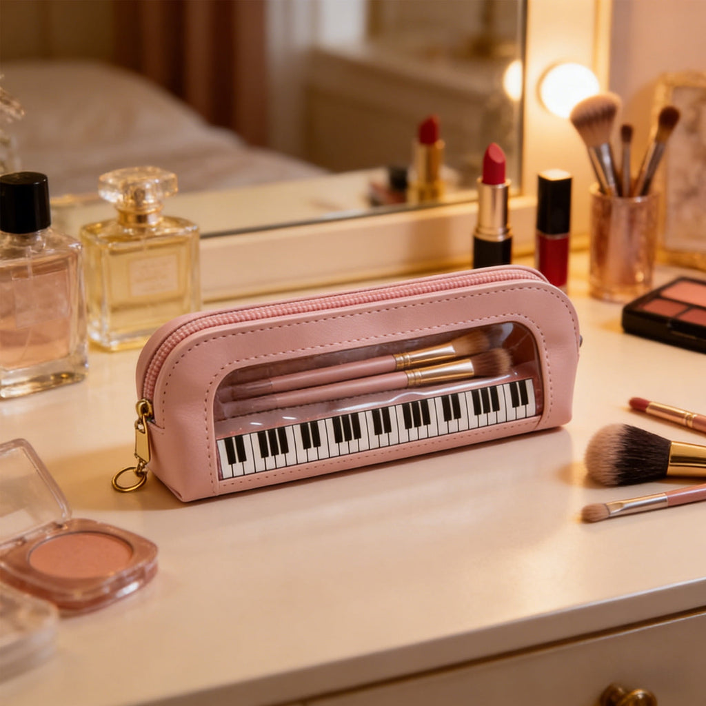 Piano Key Pattern Clear Makeup Brush Bag, Waterproof PVC Cosmetic Organizer Pouch with Faux Leather Trim, Large Capacity Travel Toiletry Bag for Women & Gi-rls, Pink