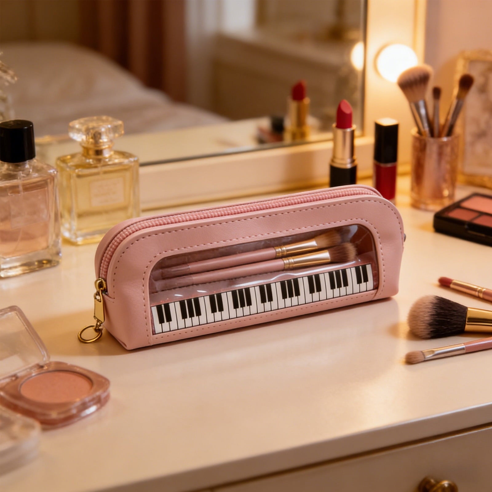 Piano Key Pattern Clear Makeup Brush Bag, Waterproof PVC Cosmetic Organizer Pouch with Faux Leather Trim, Large Capacity Travel Toiletry Bag for Women & Gi-rls, Pink