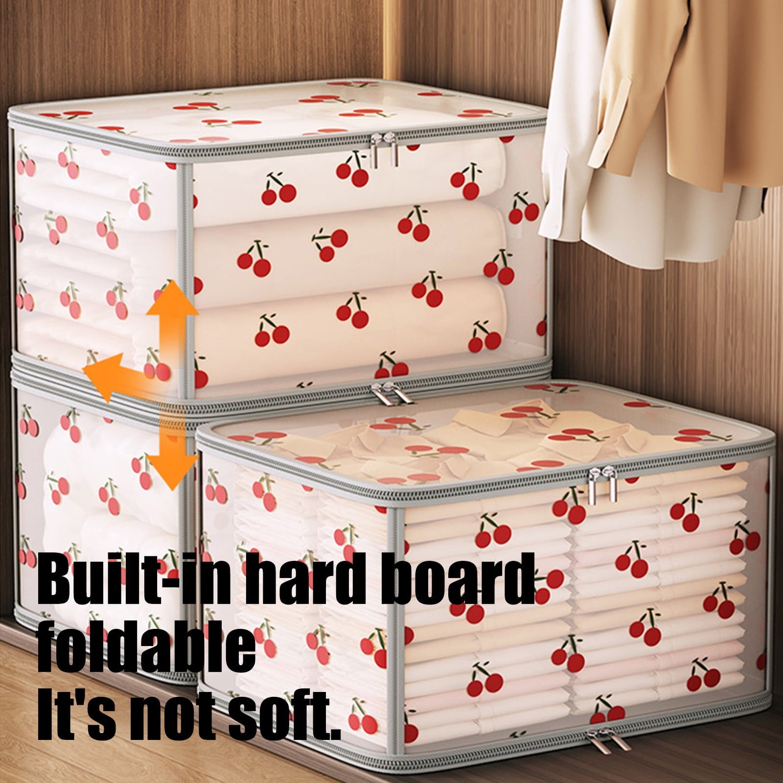 Foldable Storage Bins with Lids, Fabric Closet Organizer Box for Clothes Sweaters Blankets, Sturdy Hard Board, Dust Proof, Cherry Print, 12x11x6 Inches