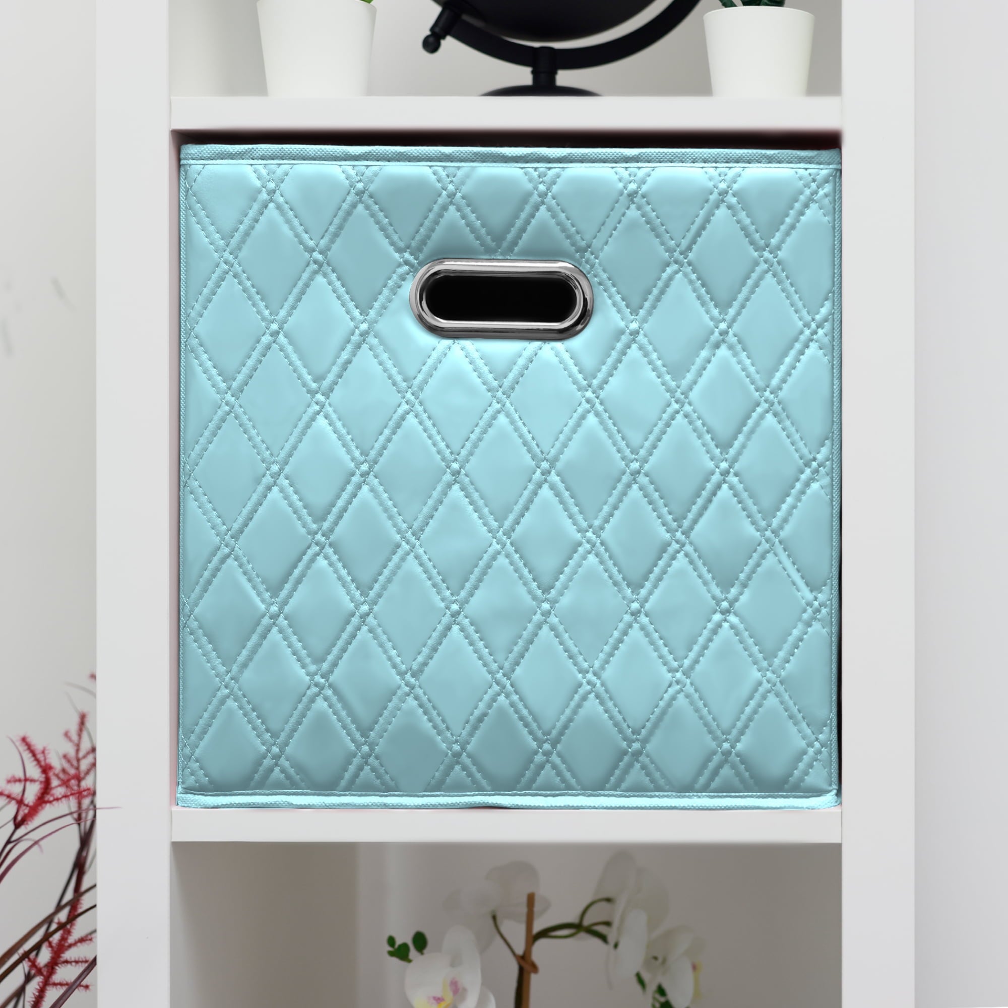 FH Group JIAessentials Set of 2 Collapsible Foldable Diamond Pattern Faux Leather Cube Storage Bins 11 inch w Dual Handles for Shelves, Organizers & More Small