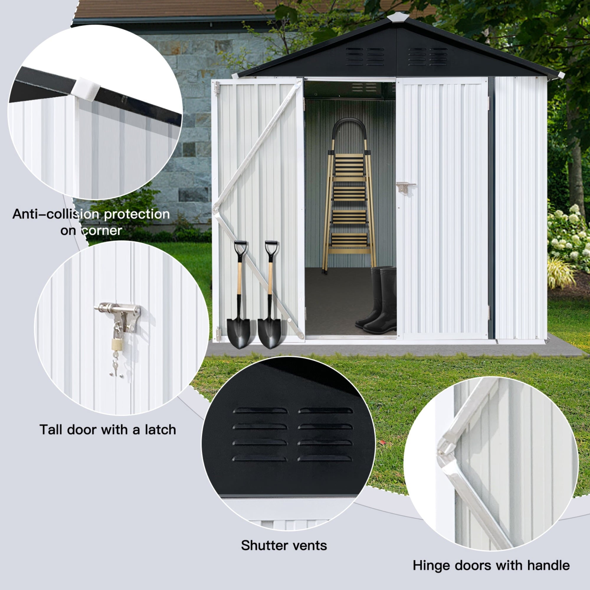JXXRZ 6x4ft Outdoor Metal Shed, Steel Tool Storage for Backyard & Patio, White&Black
