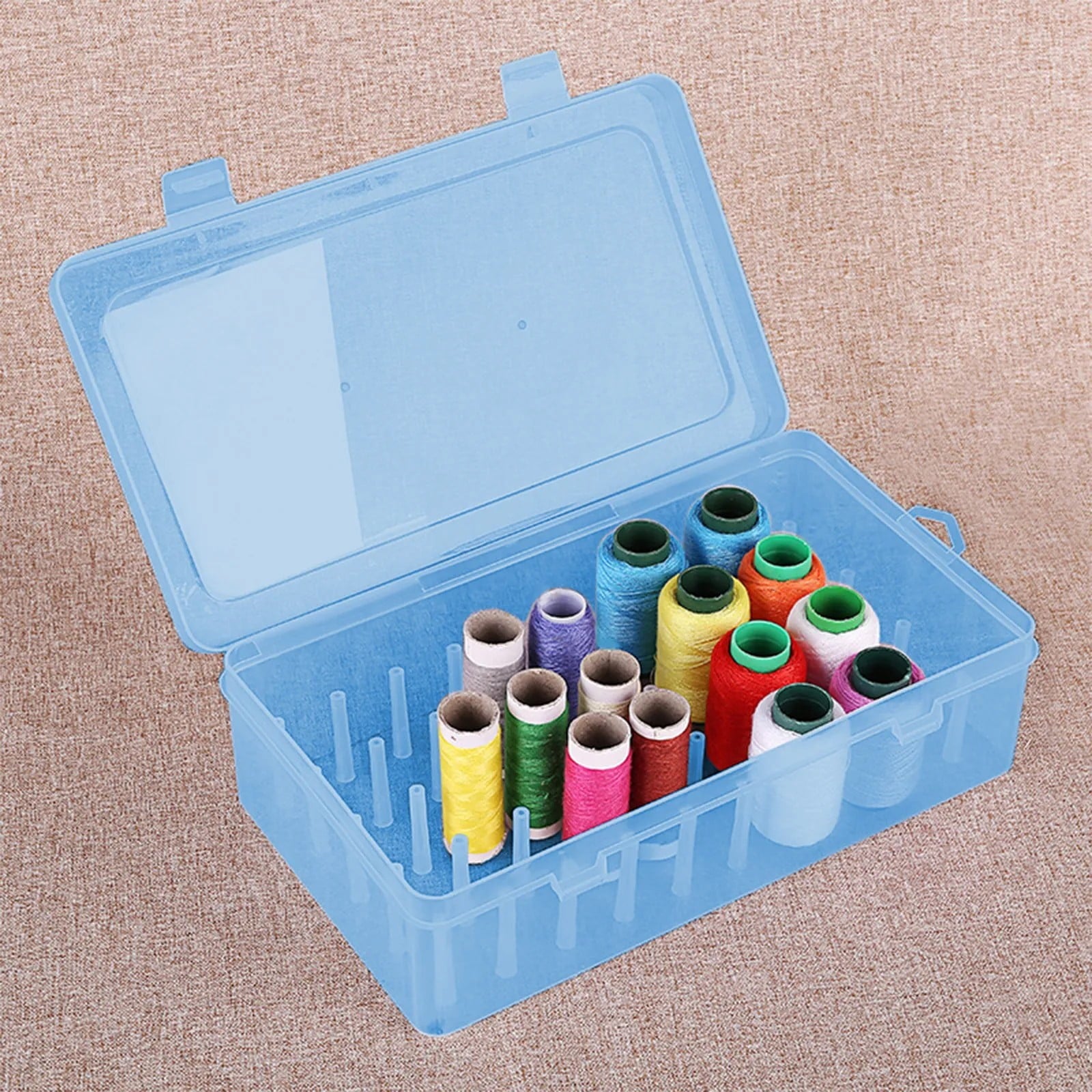 42 Spool Thread Organizer Box, Clear Plastic Sewing Storage Case for Thread, Needles, Bobbins & Accessories, Portable Desktop Craft Organizer (Light Blue)