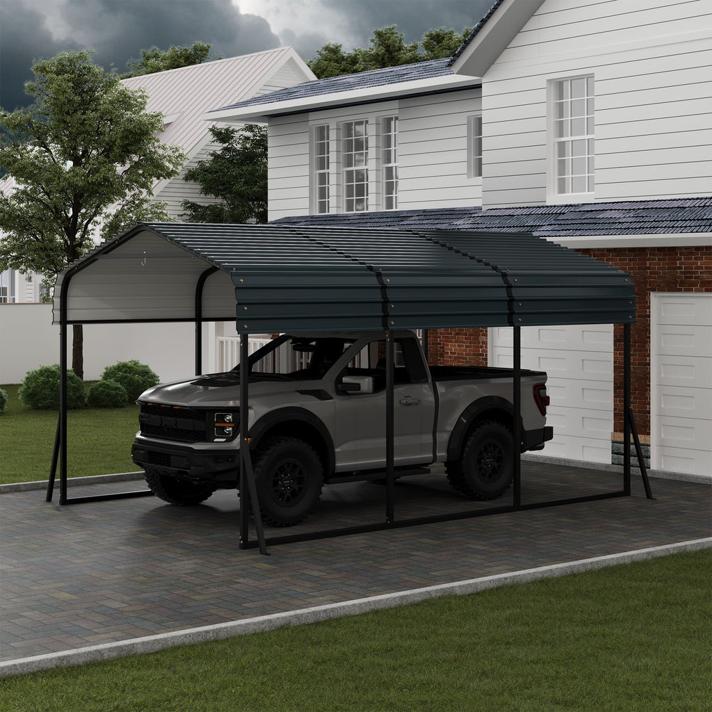 Ataucjin 10X15 FT Heavy Duty Metal Carport with Galvanized Steel Roof, Steel Carport Kits Outdoor with Metal Roof, Galvanized Car Shelter for Tractors, Pickup, Boat, Car(ship in 3 boxes)