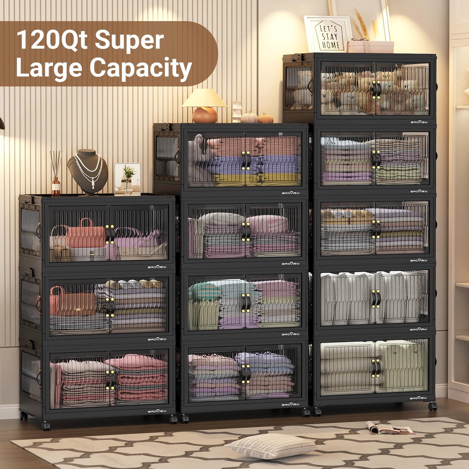 BROVIEW 360QT Large Stackable Storage Bins with Lids and Wheels, Plastic Closet Organizer and Storage Drawer, Collapsible Storage Cabinet with Doors for Home Kitchen, 3Pack Black