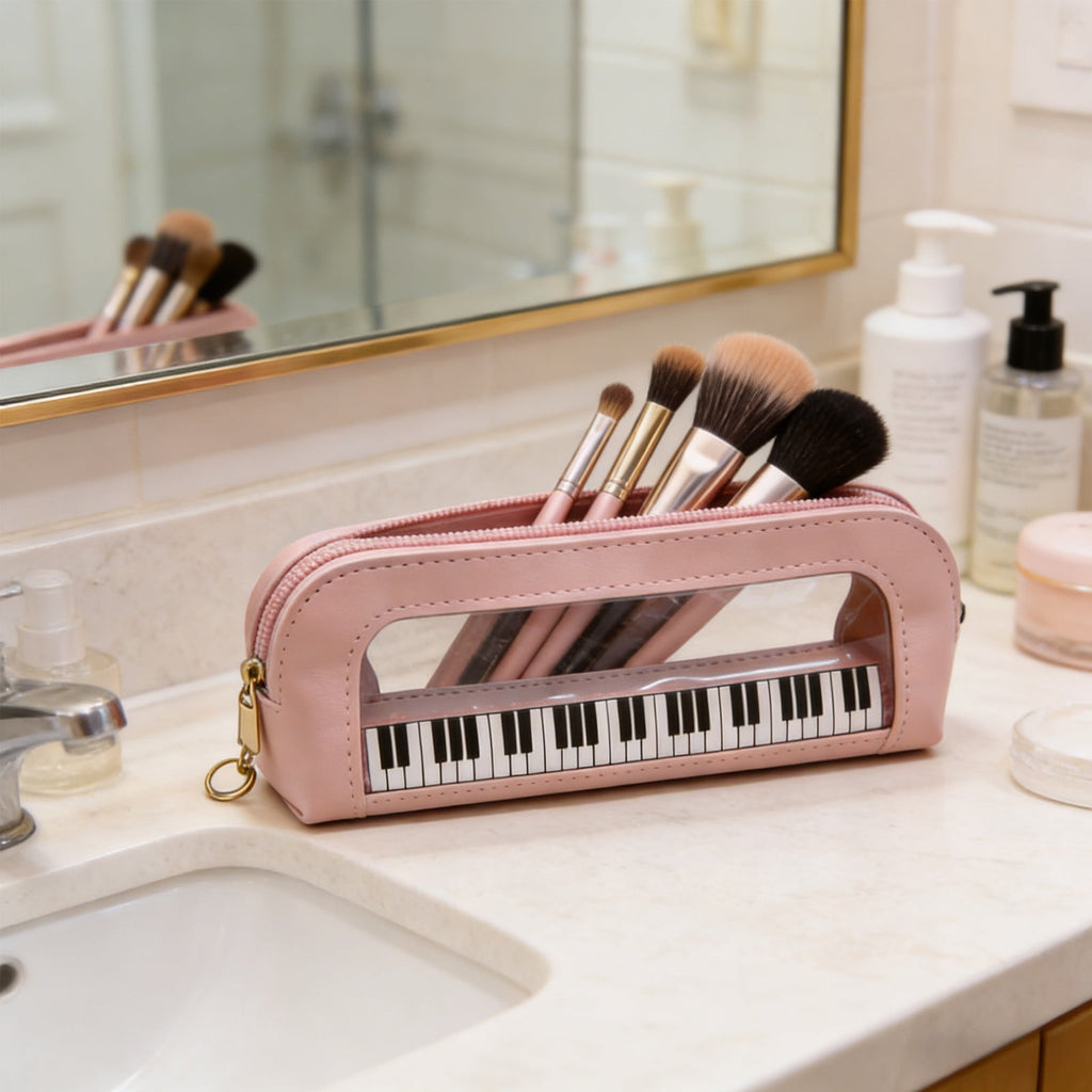 Piano Key Pattern Clear Makeup Brush Bag, Waterproof PVC Cosmetic Organizer Pouch with Faux Leather Trim, Large Capacity Travel Toiletry Bag for Women & Gi-rls, Pink