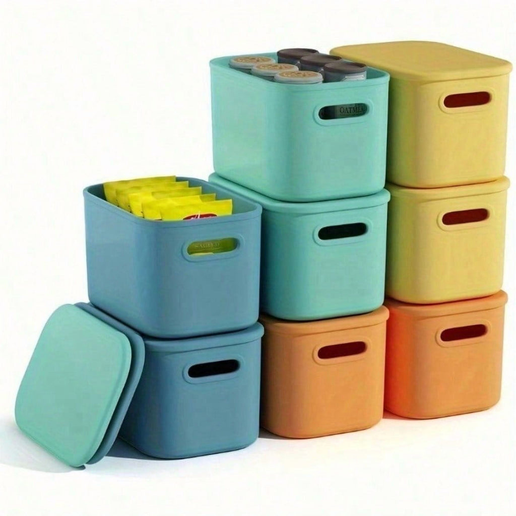 8 Pack Colorful Storage Bins with Lids Stackable Storage Container for Organizing, Storage Boxes with Handle for Shelves, Cute Storage Bin for Craft, Snacks, 9.84x6.9x5.7 inch
