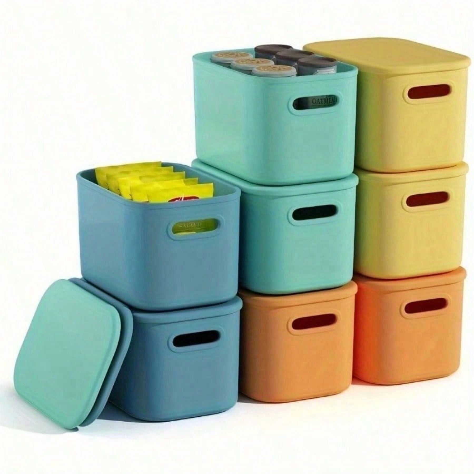 8 Pack Colorful Storage Bins with Lids Stackable Storage Container for Organizing, Storage Boxes with Handle for Shelves, Cute Storage Bin for Craft, Snacks, 9.84x6.9x5.7 inch
