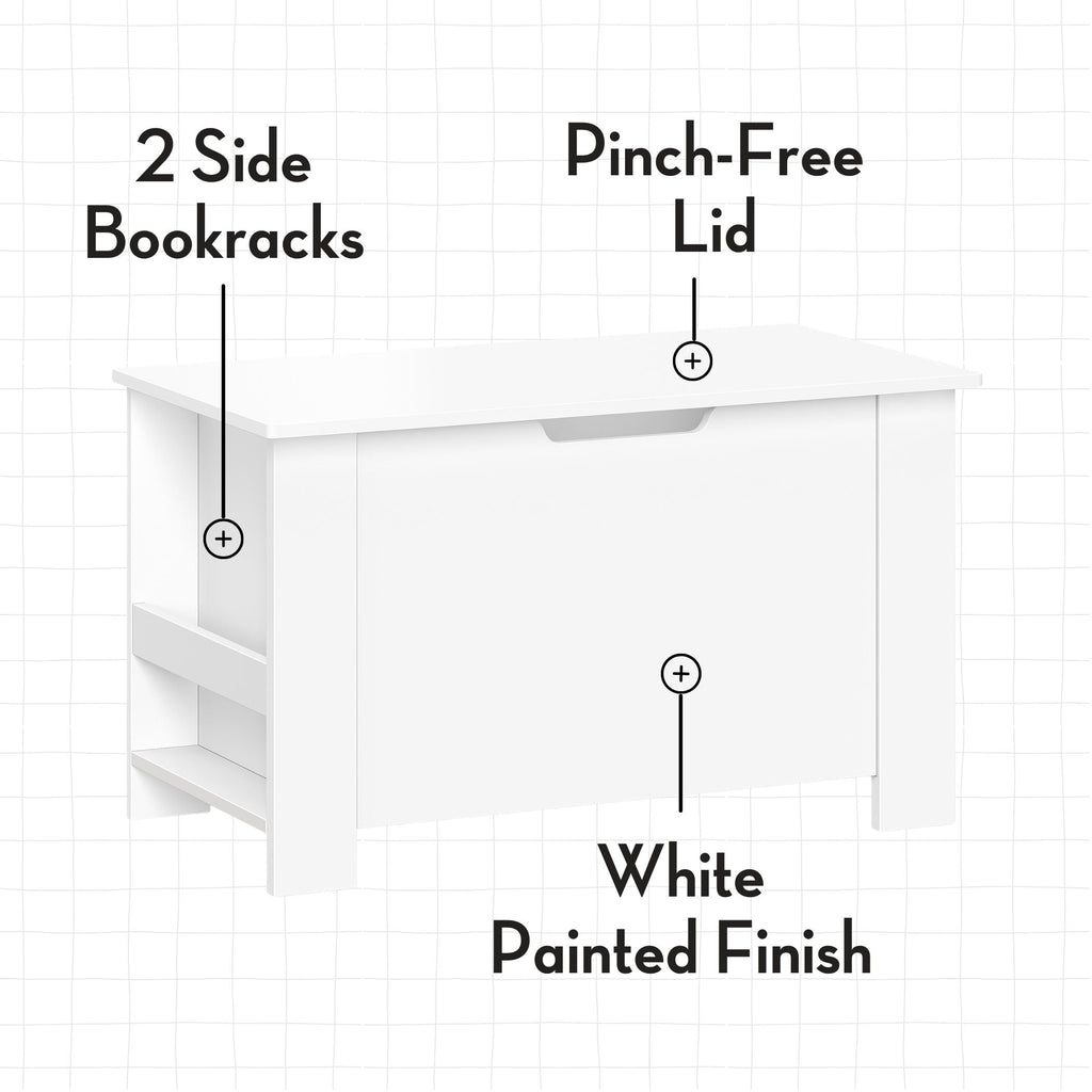RiverRidge Kids Toy Box Playroom Storage Chest Organizer with Side Bookracks - White