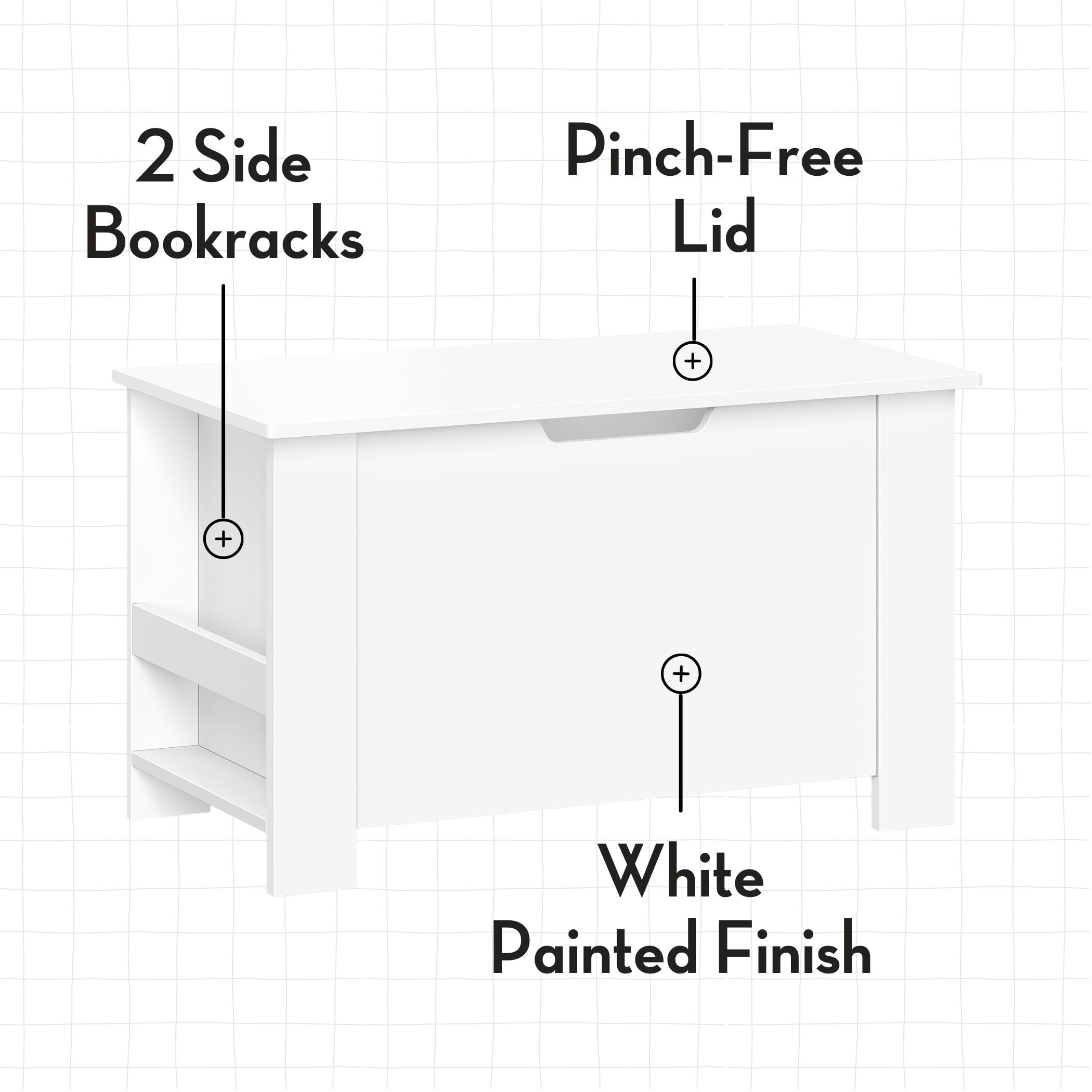 RiverRidge Kids Toy Box Playroom Storage Chest Organizer with Side Bookracks - White