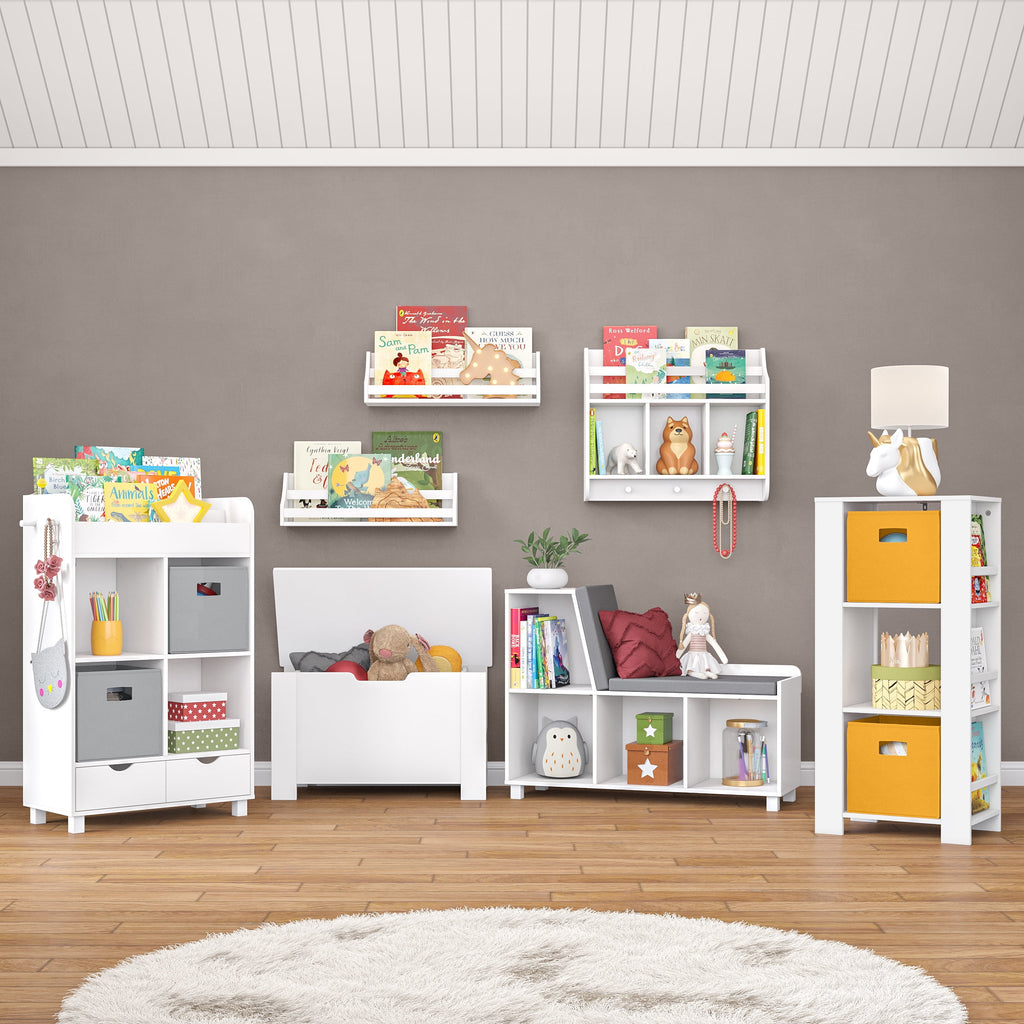 RiverRidge Kids Toy Box Playroom Storage Chest Organizer with Side Bookracks - White