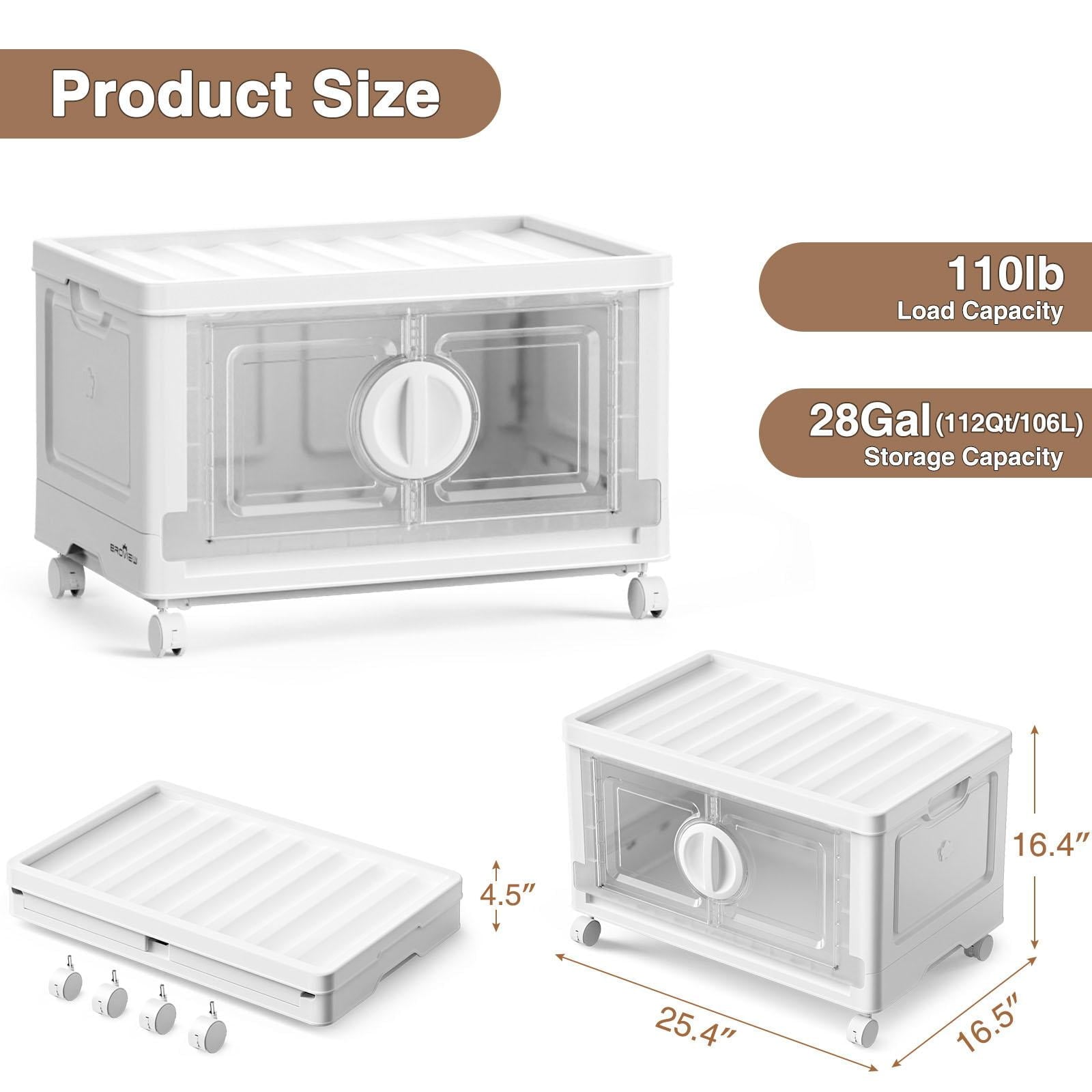 BROVIEW V9 30Gal Stackable Storage Bins, Plastic Collapsible Storage Bins with Lids and Wheels, Clothes Organizers and Storage Drawer, Folding Cabinets with Doors for Home, 1PCS White